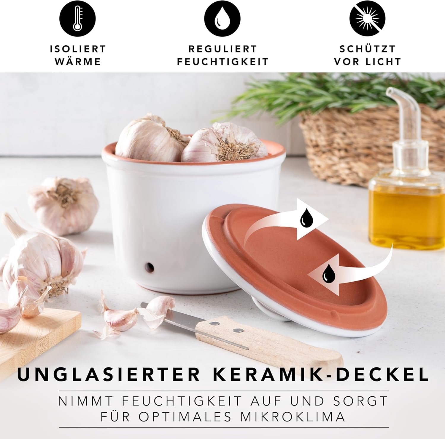 Römertopf Vershoudpot MINI 0,6 liter - Keramische knoflookpot - Ademende klei houdt groenten langer vers - Ideale luchtcirculatie - Wit Voedselbewaardozen Naty Shop