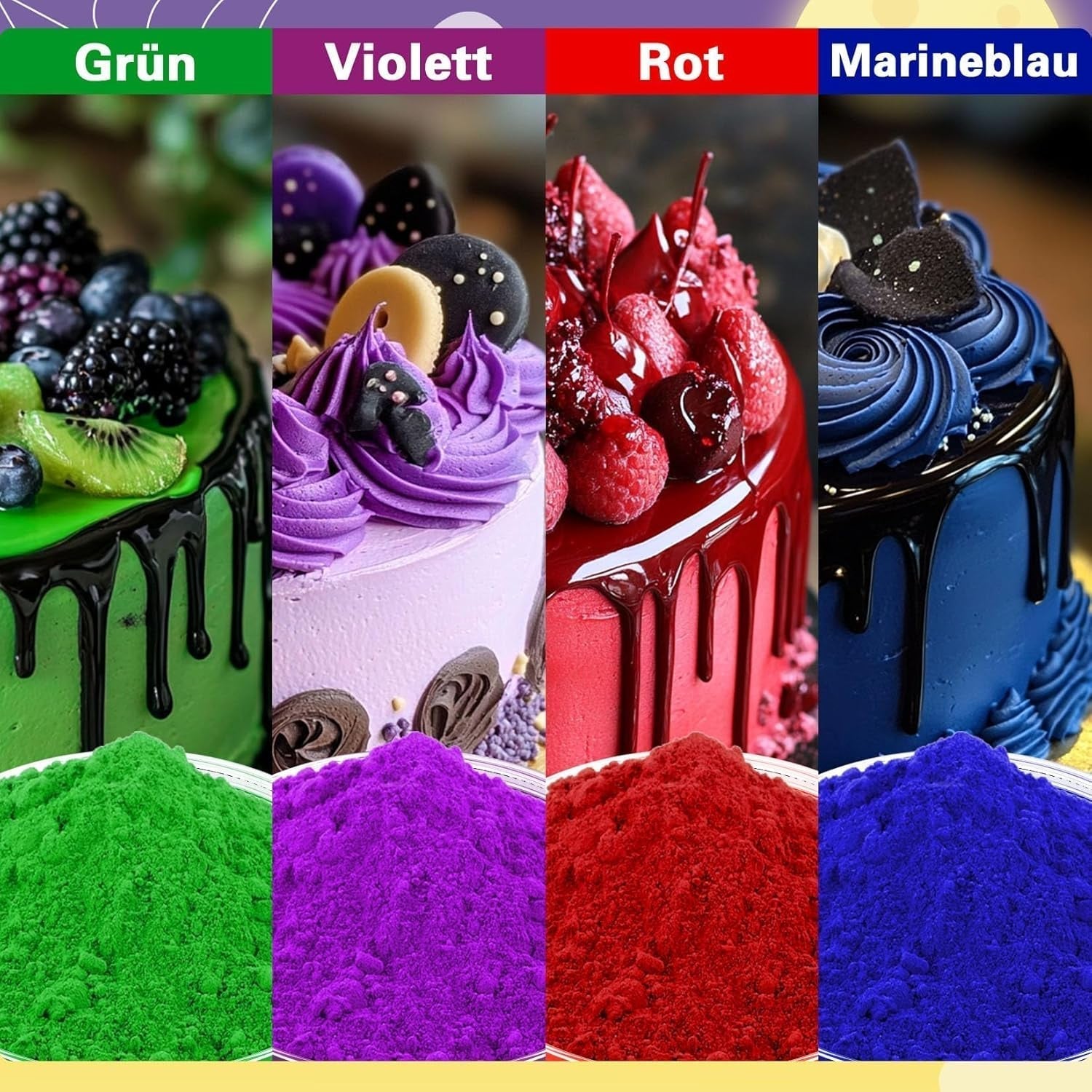 Voedselkleurpoeder - 4 kleuren Voedselkleur, geconcentreerde voedselkleur, Rood Groen Blauw Paars Voedselkleur voor taartdecoratie, bakken, glazuur, dessert, koken - 5G
