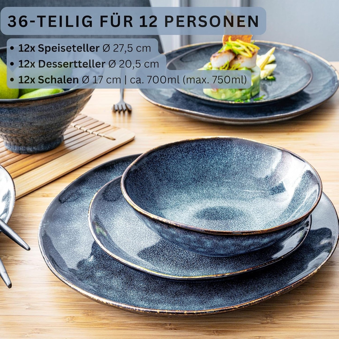 Zanger | Tokyo 36-delige serviesset 12-persoons porseleinen serviesset Modern handgemaakt donkerblauw servies met zwarte accenten | DE PREMIUM COLLECTIE