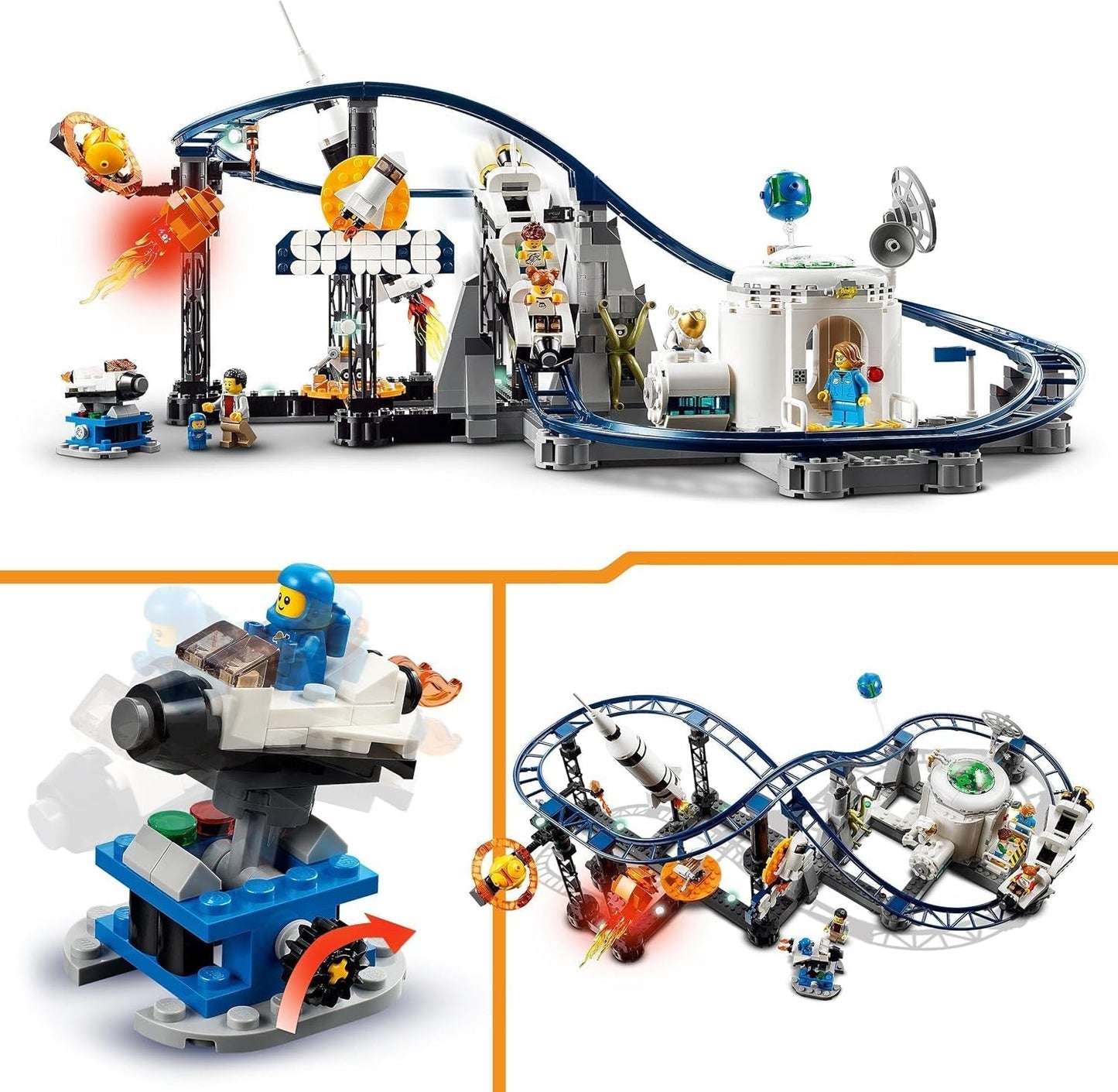 LEGO 31142 Creator 3-in-1 ruimteachtbaan speelgoedset voor kinderen met werkende karren, kan worden omgebouwd tot een vrije val-toren of carrousel met raketten en gloeiende stenen Bouwsets