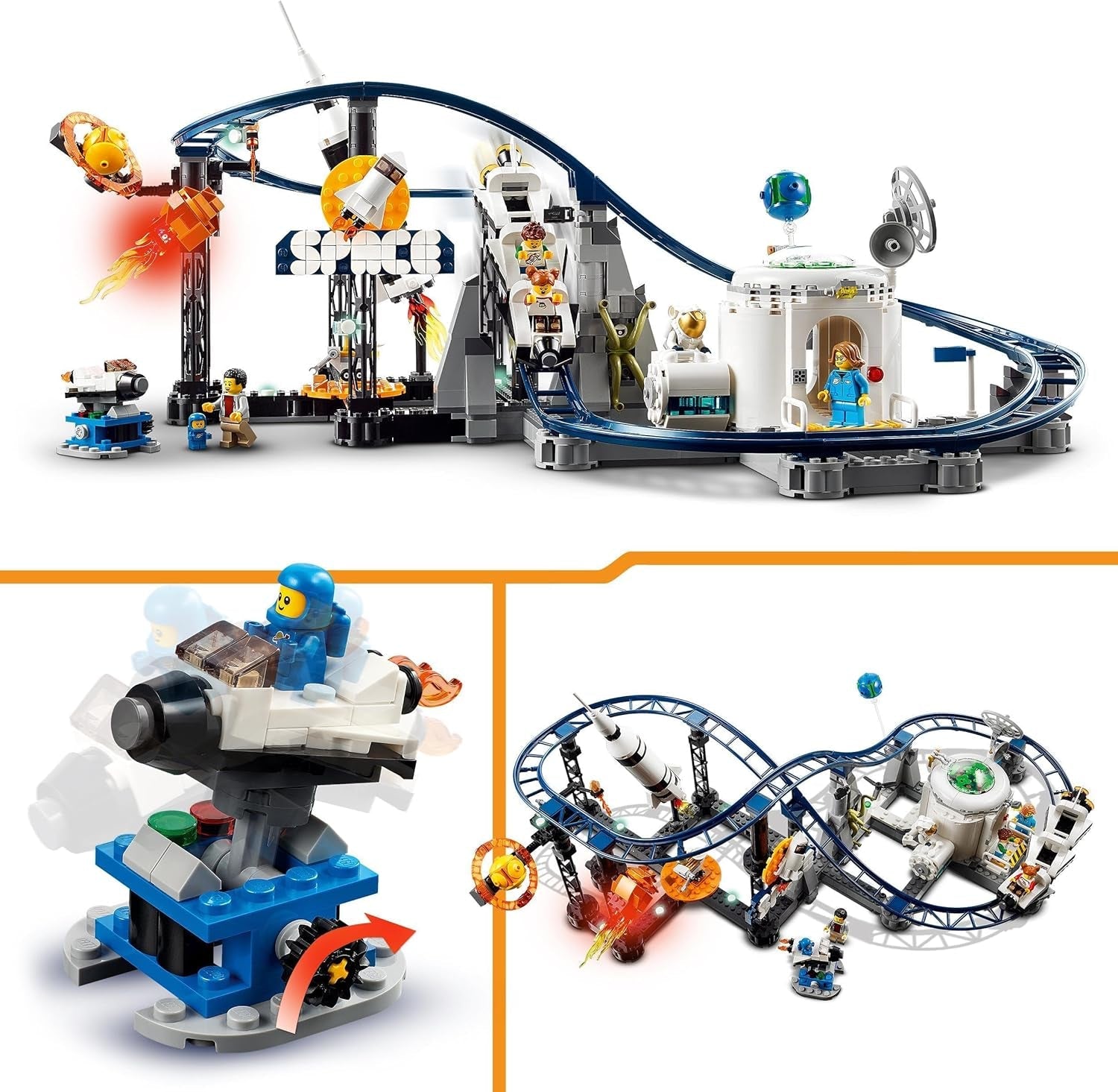 LEGO 31142 Creator 3-in-1 ruimteachtbaan speelgoedset voor kinderen met werkende karren, kan worden omgebouwd tot een vrije val-toren of carrousel met raketten en gloeiende stenen Bouwsets