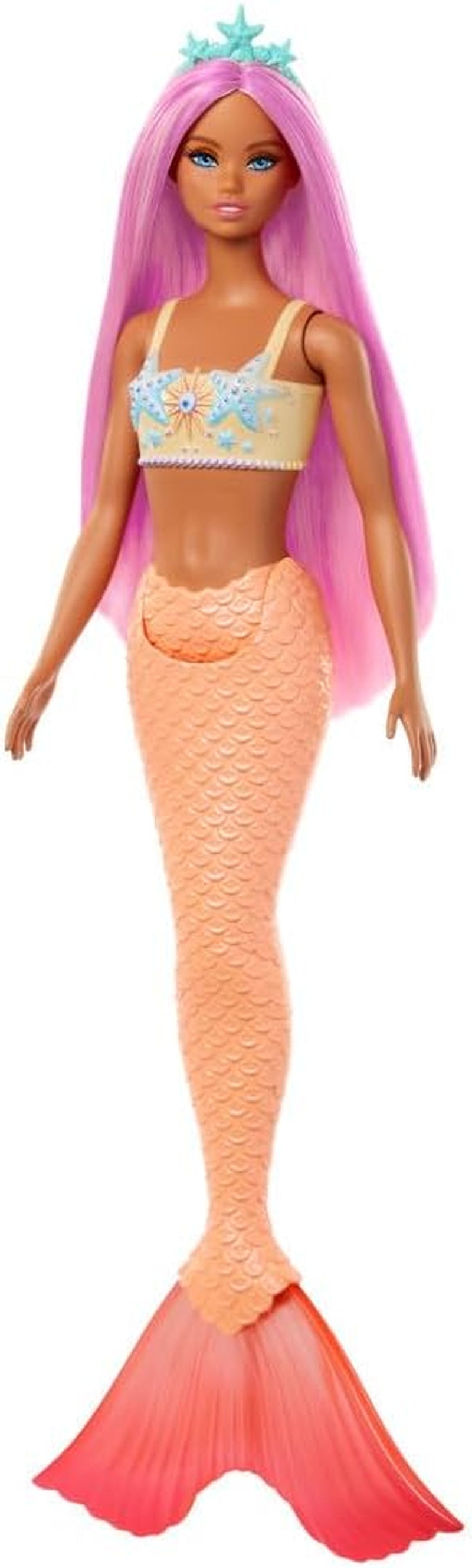 Zeemeermin-Barbiepop met prachtig roze haar en hoofdband, pop met zeesterrenhoofd en zachte oranje staartvin, HRR05