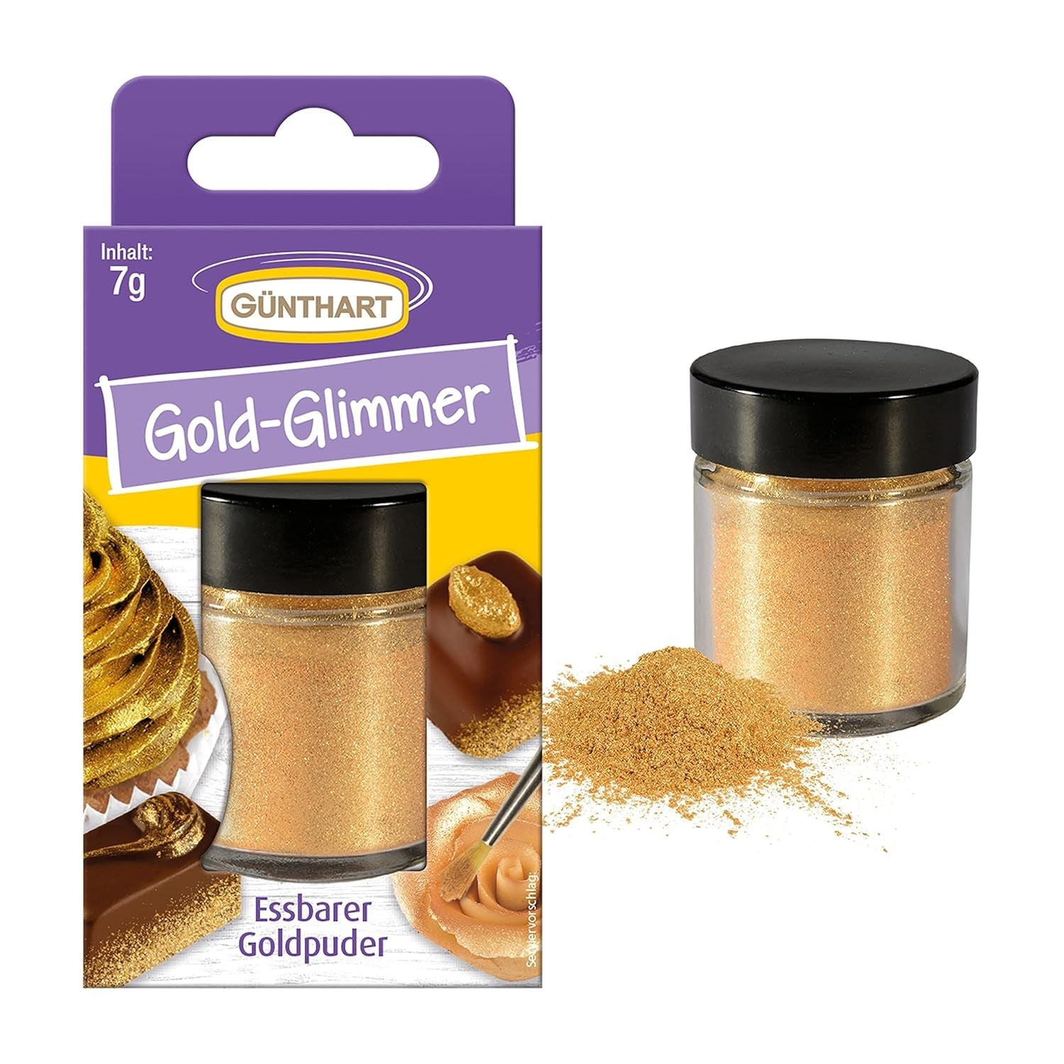 Günthart Backdecor Goudpoeder - Eetbare glitter, kleurstofpoeder voor levensmiddelen, drankglitter - Kleine glitter met goudstof voor bakliefhebbers, 1 pak (1 x 7 g)