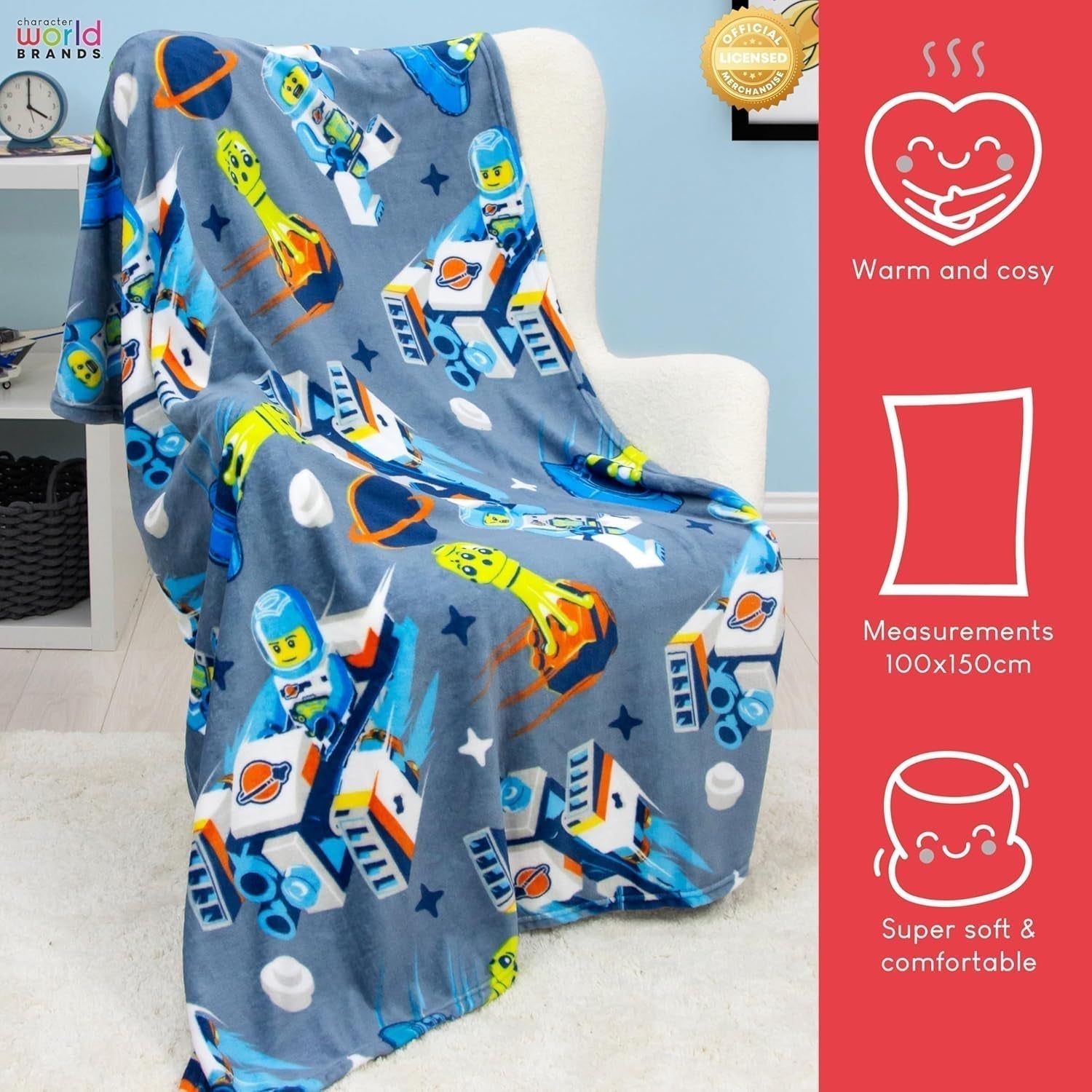 Character World Officiële Lego® City fleecedeken, superzacht, warmblauw plaid, Cityspace-ontwerp, perfect voor slaapkamers, kamperen en slapen, 100 x 150 cm bedden en dekens Besuche den Character World-Store