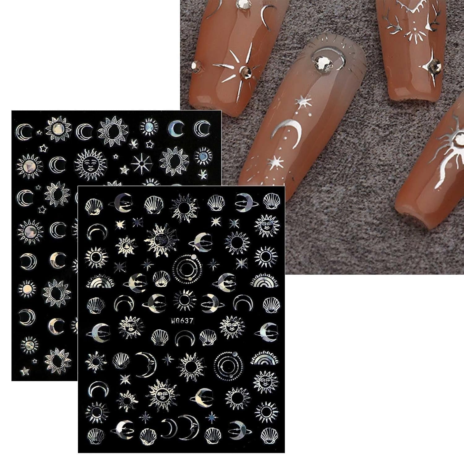 JMEOWIO Nagelsticker Mond Stern Sonne 10 Blatt Nail Art Sticker Selbstklebend Nagelaufkleber Bunt Decoratie Nageldesign Zubehör