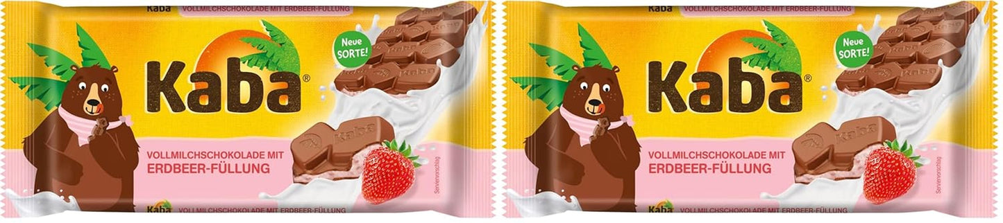 Kaba melkchocolade met aardbeiencrème, gevulde chocoladereep, reep van 90 g, smelt-in-je-mond chocolade met fruitige aardbeiencrème en originele Kaba-smaak (pak van 2)