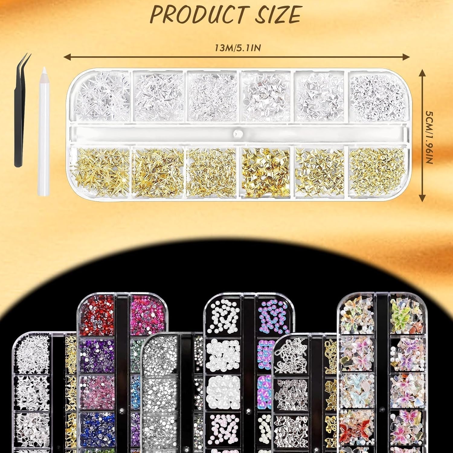 Nail Charms,6 Boxen Gold Silber Nagel Charms 3D Gold Bogen Stern Nail Art Decoratie+6200 Strasssteine ​​Bunt Steine ​​AB Perlen Diamanten,3D Legierung Bow Nail Gems Nagel Deko Für Frauen Nagel (6-A)