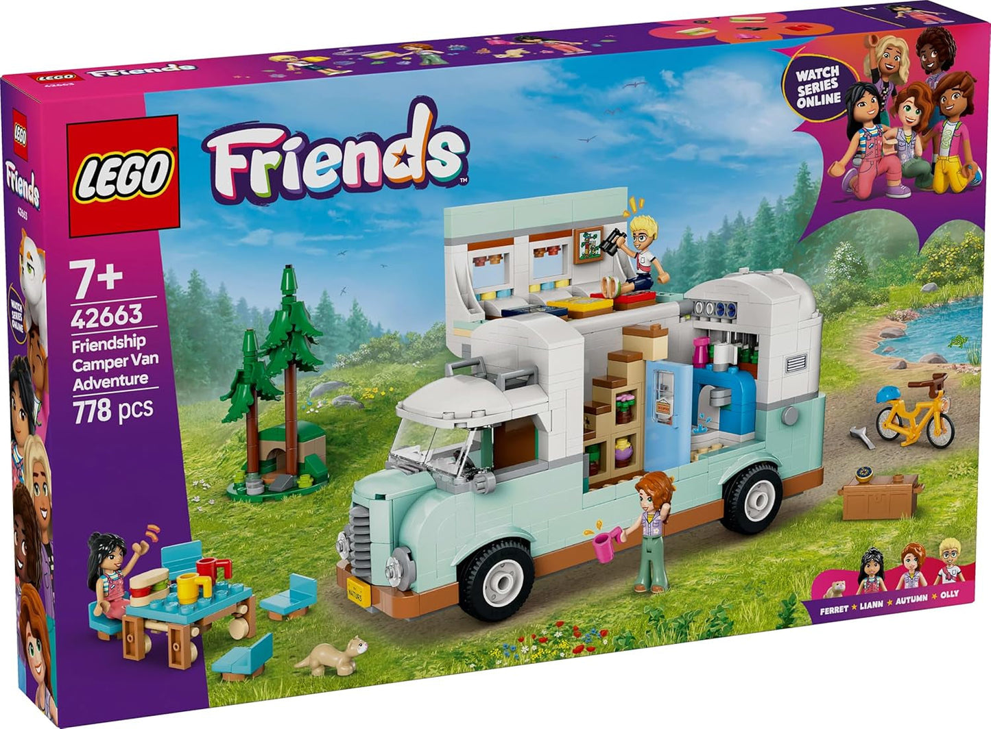 LEGO Friends Caravan, rollenspel-bouwset met een speelgoedcaravan, cadeau voor meisjes vanaf 7 jaar, creatieve speelset met 3 minifiguren en figuur van een fretdier 42663 Bouwsets Besuche in LEGO-Store