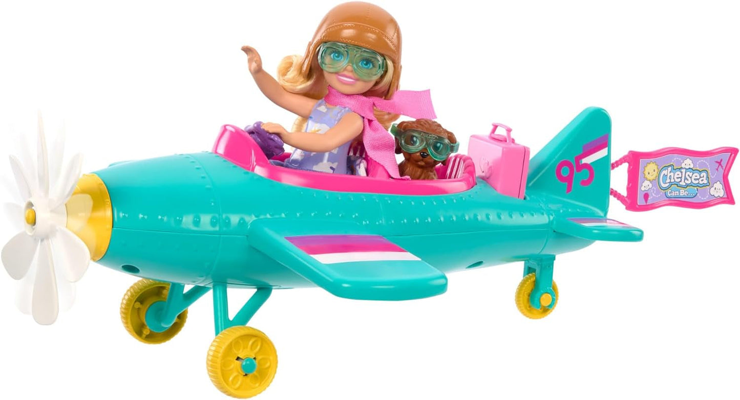 Chelsea Barbie-pop vliegtuig en speelset - pilootpop, vliegtuig-, puppy- en verhaalaccessoires, draaiende wielen en bloemenpropellers, vanaf 3 jaar, HTK38