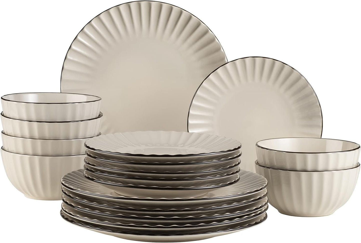 MÄSER 931967 Osita Retro-serie 6-persoons Wave-serviesset, 18-delige ronde serviesset, dinerborden, dessertborden en mueslischalen, keramiek, romig wit