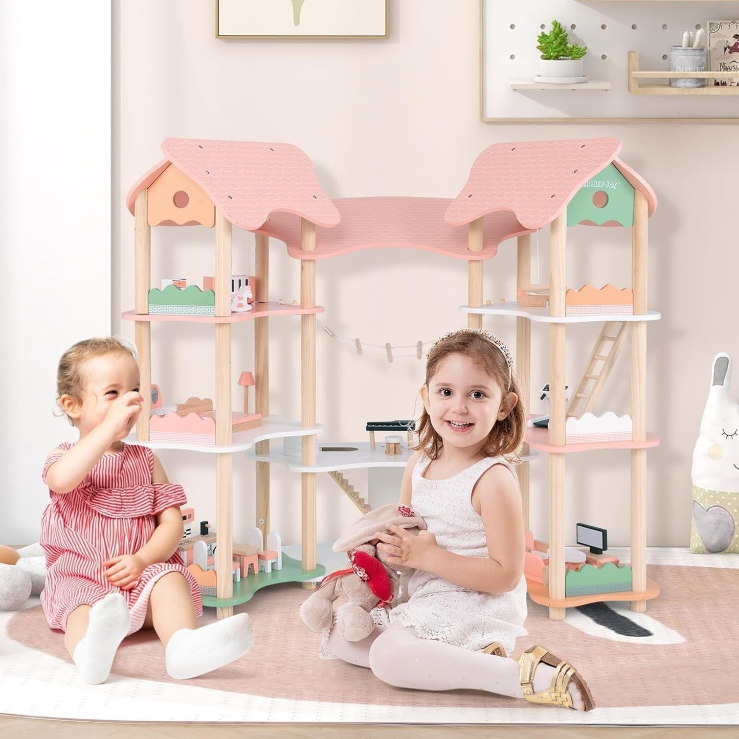 FANTASK houten poppenhuis, 85 cm hoog poppenhuis met 7 kamers en 32 meubels en accessoires, poppenhuis met touwladder, poppenhuiscadeau voor meisjes van 3 jaar oud (model 3) Naty Shop Dollhouses