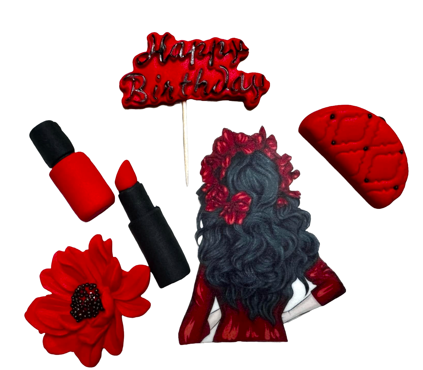 Set van 6 eetbare decoraties van suikerpasta, Beautiful Lady, Red en Black Sugarpaste Decorations Naty Shop