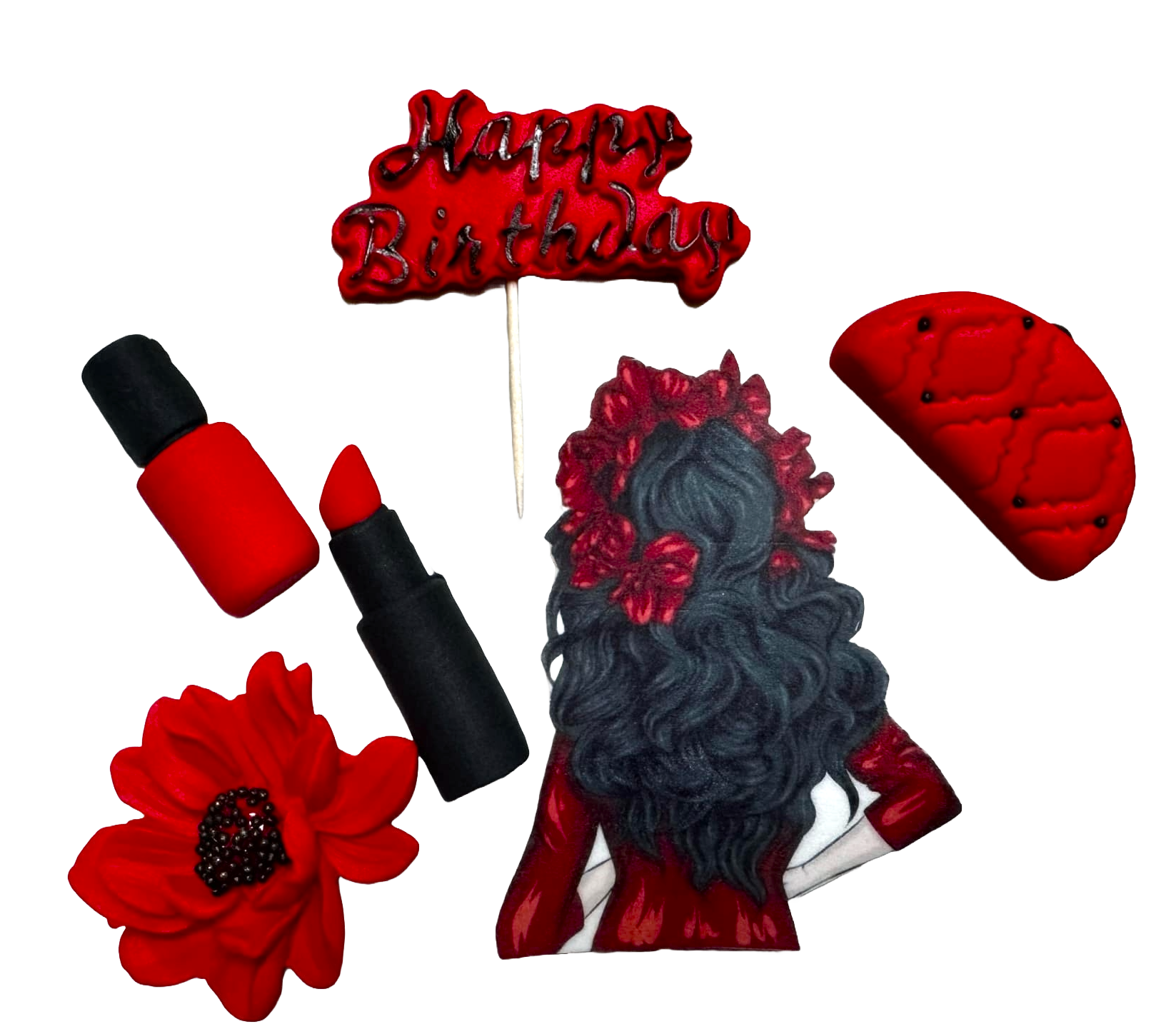 Set van 6 eetbare decoraties van suikerpasta, Beautiful Lady, Red en Black Sugarpaste Decorations Naty Shop