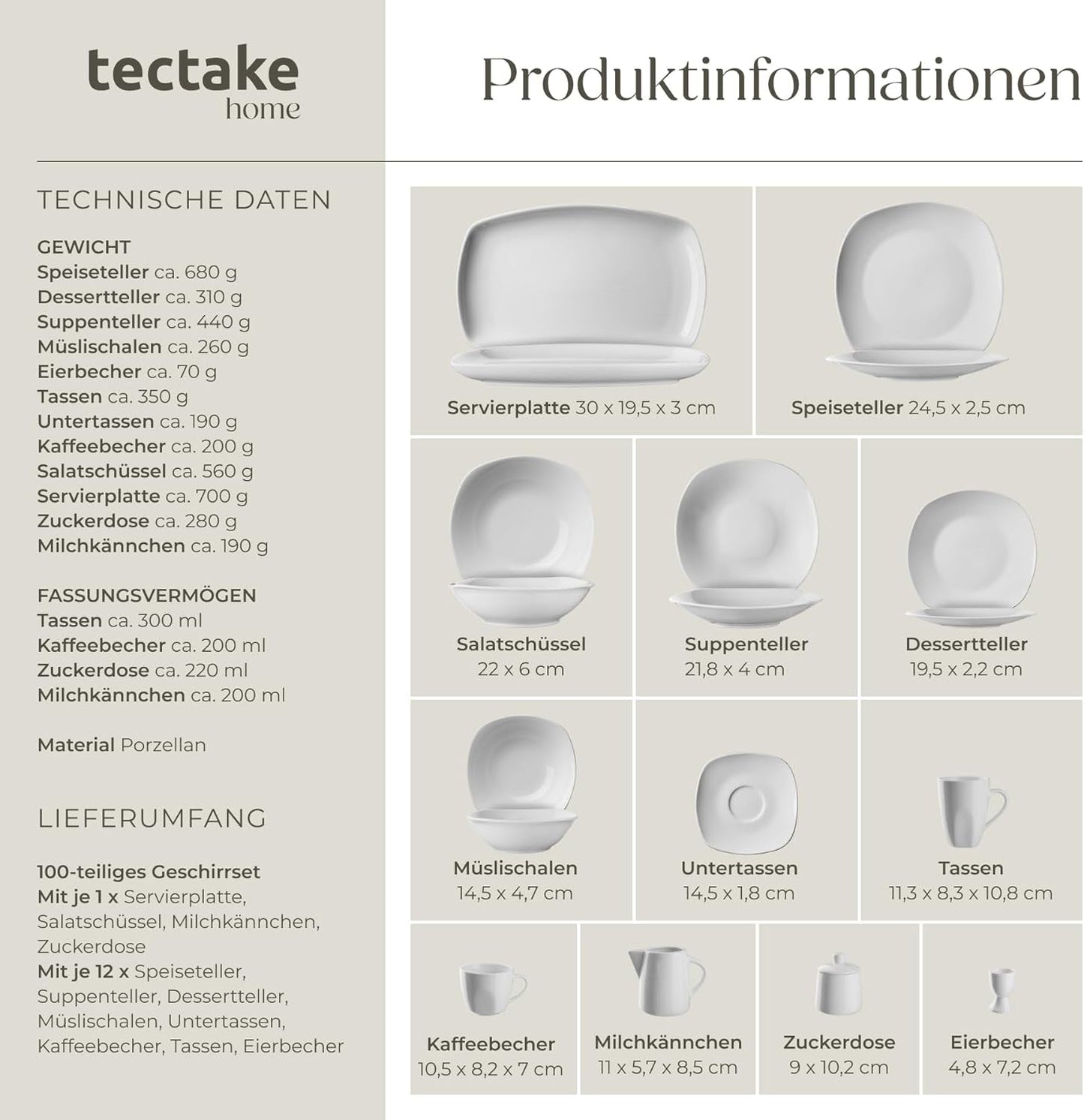 tectake® 12-persoons serviesset, 100-delige porseleinen serviesset, inclusief 12 borden, 12 dessertborden, 12 dinerborden, 12 kopjes, 12 ontbijtgranenschalen, slakom, melkkan, suikerpot