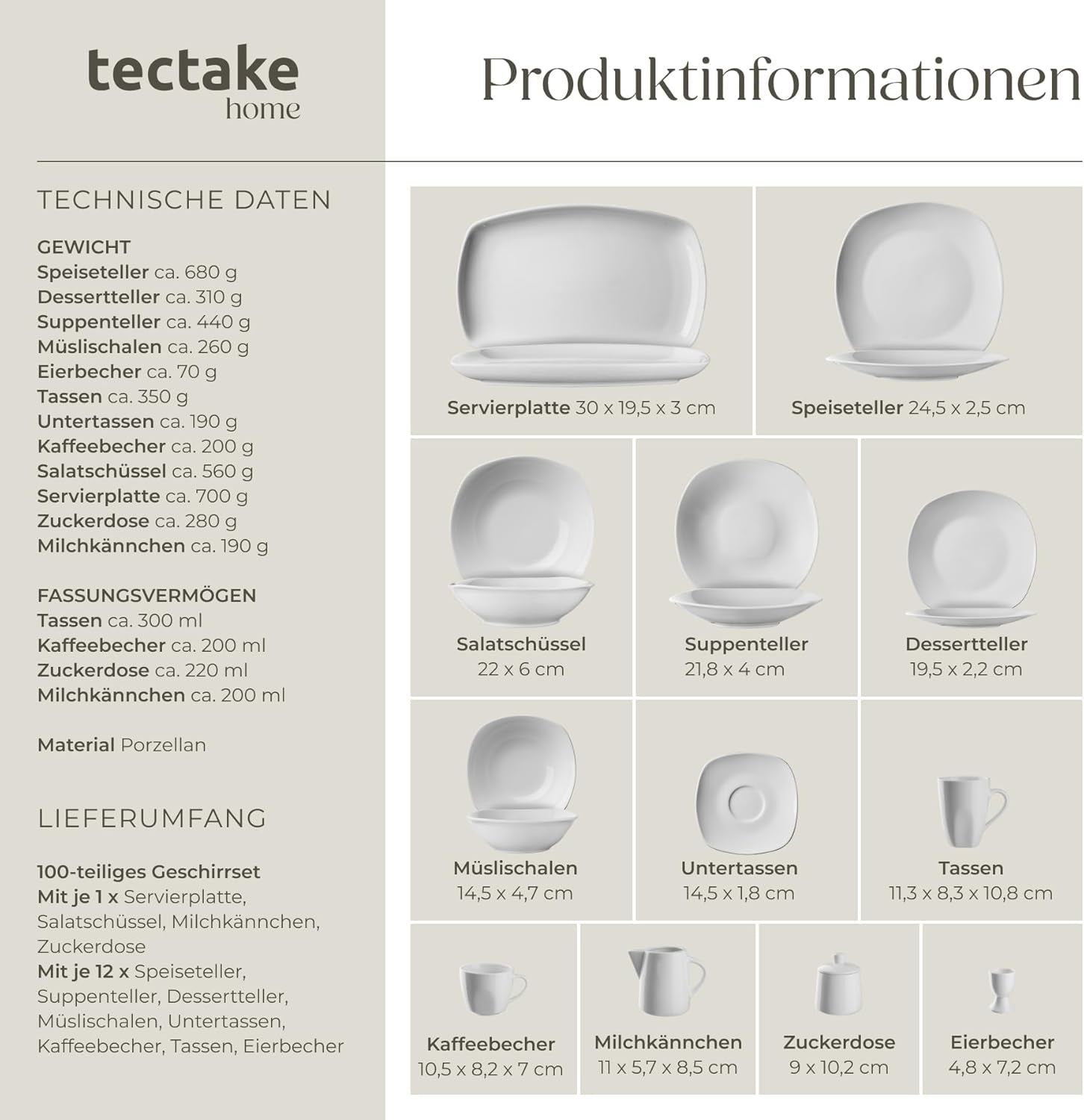 tectake® 12-persoons serviesset, 100-delige porseleinen serviesset, inclusief 12 borden, 12 dessertborden, 12 dinerborden, 12 kopjes, 12 ontbijtgranenschalen, slakom, melkkan, suikerpot