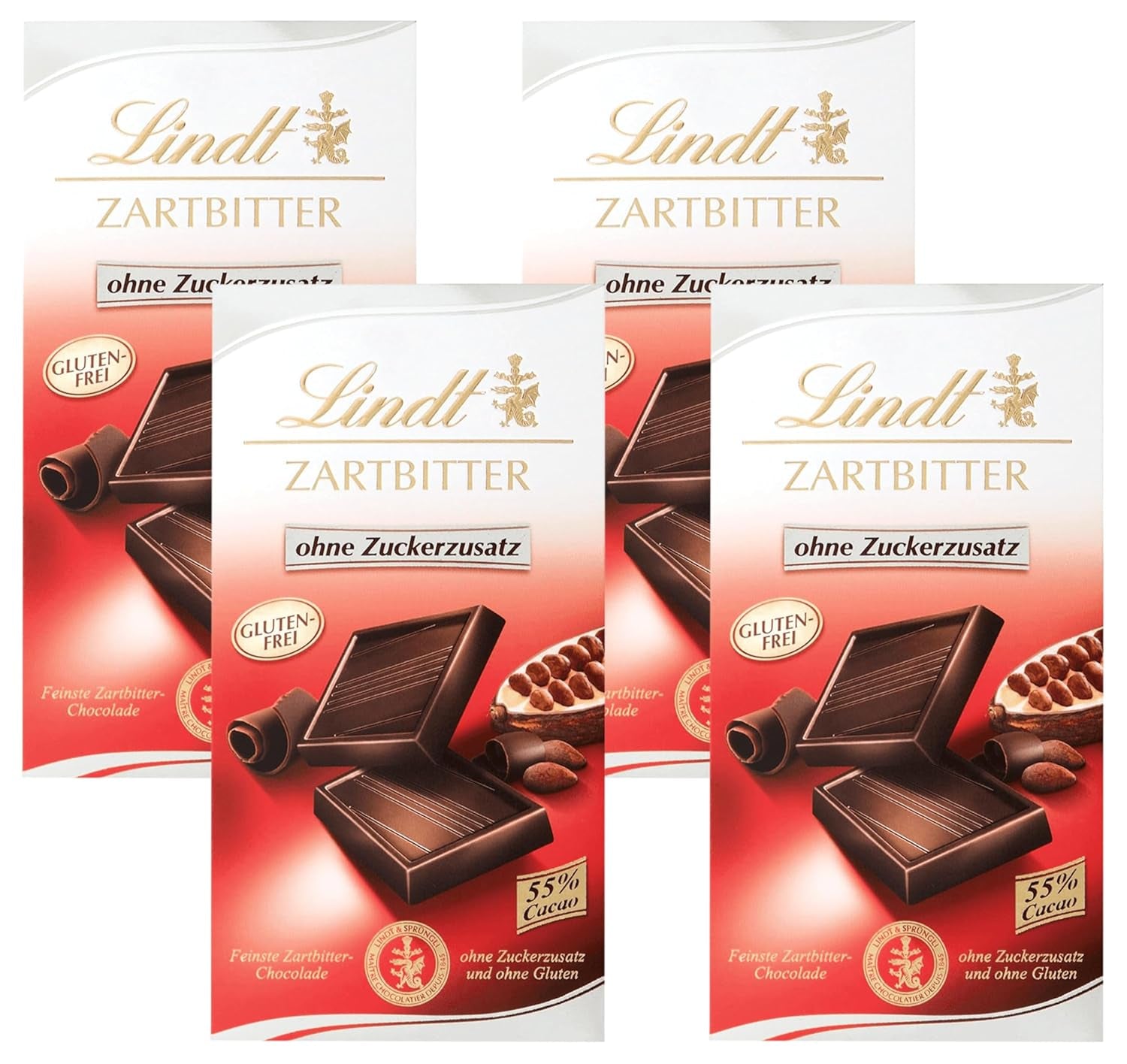 Pure chocolade zonder toegevoegde suiker | Tablet 100g | Het lekkerste met 55% cacao, glutenvrij | Chocoladereep | Chocoladecadeauset (4 stuks)