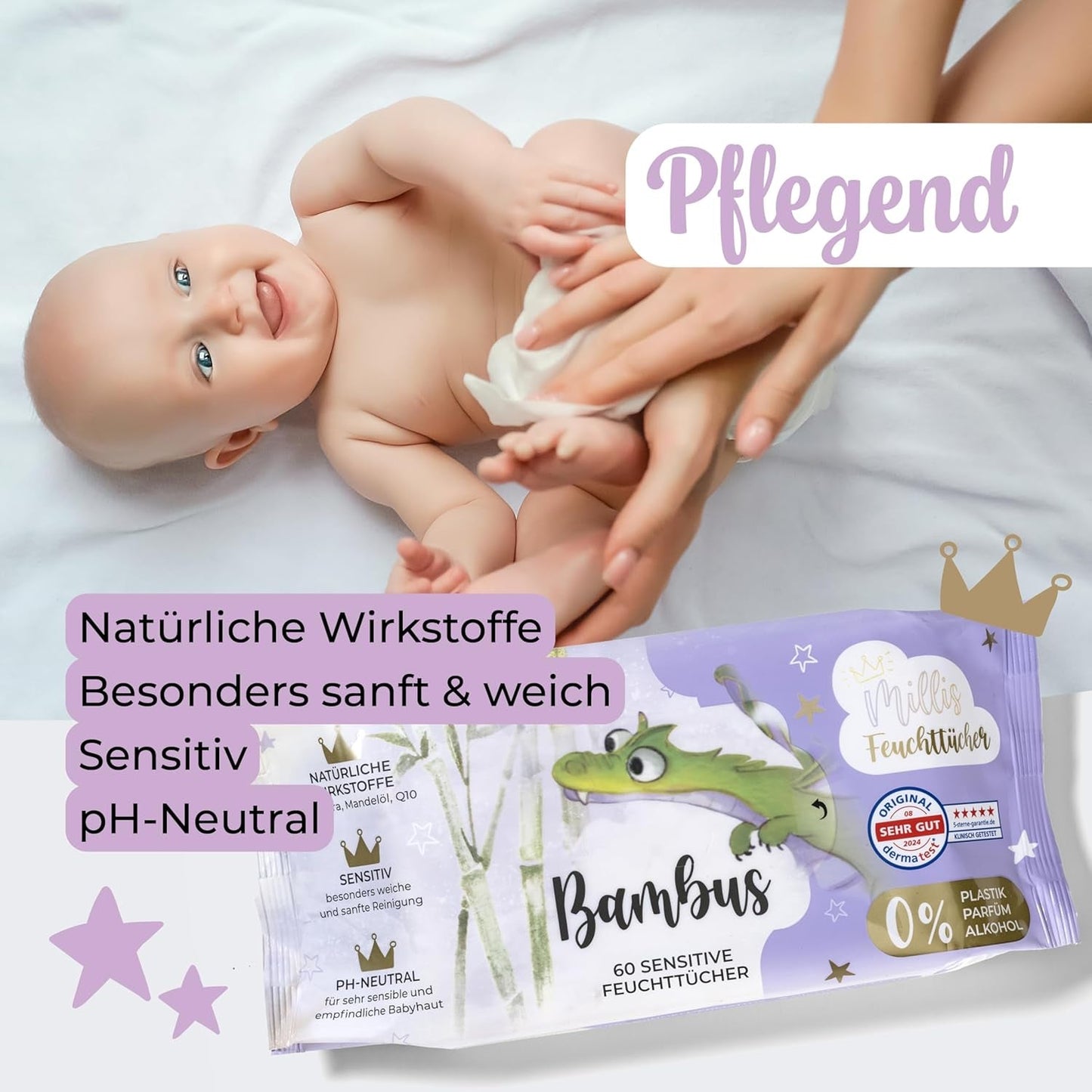 Millis Bamboo Baby Sensitive vochtige doekjes voor de gevoelige babyhuid - 5 x 60 stuks - Natuurlijke, zachte en duurzame reiniging - Biologisch afbreekbare babydoekjes, plasticvrij en alcoholvrij