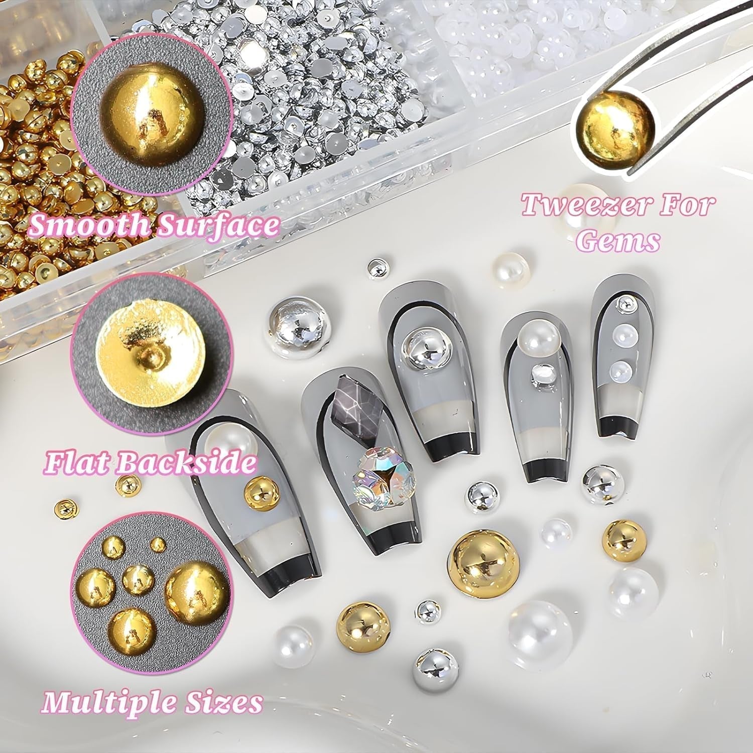 GZMAYUEN 920 Stuks Goud Zilver Plaksteen Perlen Voor Nagel, Halbrunde Weiße Beige Nagel Perlen, Kleine Halbrunde Plaksteen Perlen Voor DIY Nail Art Decor