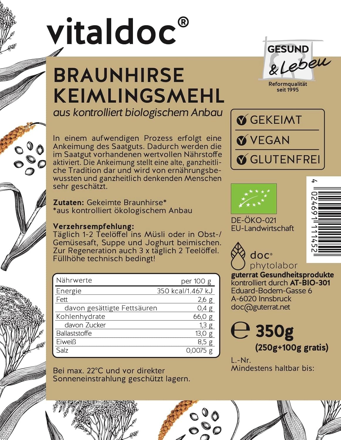 vitaldoc© | Biologische bruine gierst, vers gekiemd 250g + 100g | Rauw voedsel | Glutenvrij | Veganistisch | Biologisch | Rijk aan natuurlijk silicium | Kwaliteit