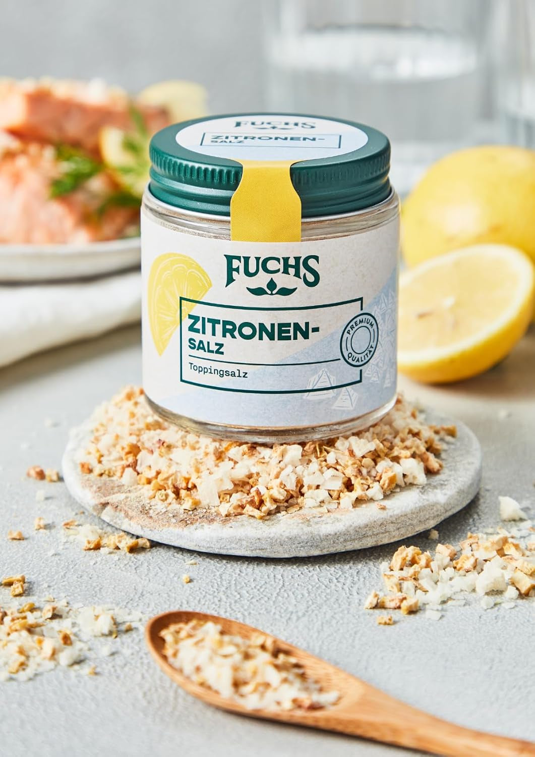 Fuchs Gewürze - Citronensalz | Toppingsalz met Pyramidenflocken & Zitrone | Knapperige Verfeinerung voor Vis en Gemüse | Citroenzout in Premium-Qualität | 60 g in wiederverschließbaren gemberglas