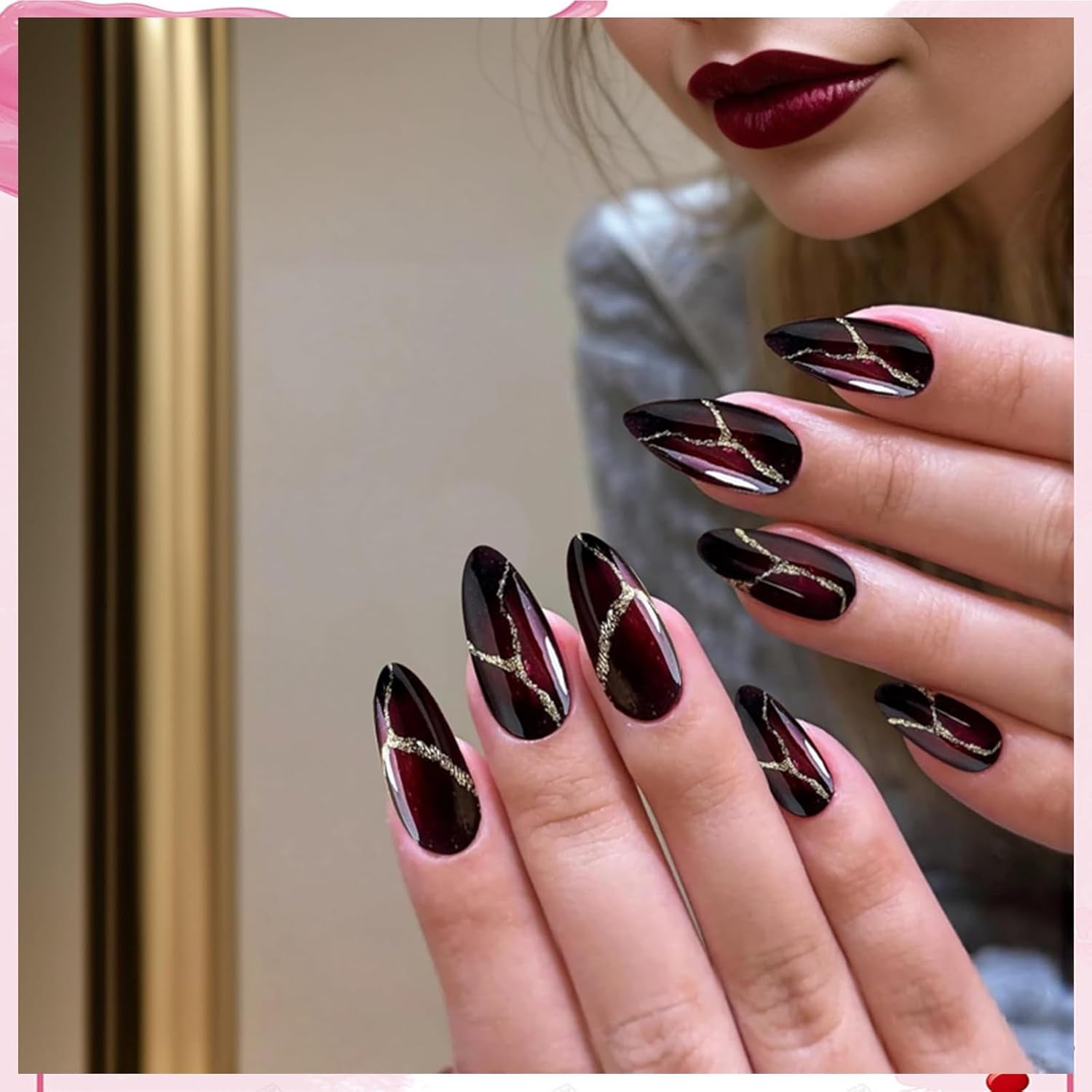 24 stuks rode en zwarte kunstnagels Lijm op kunstnagels Lijm op nagels Amandelvormige nageltips Volledige dekking kunstnagels Druk op nagels Set Rode en zwarte kunstnagels