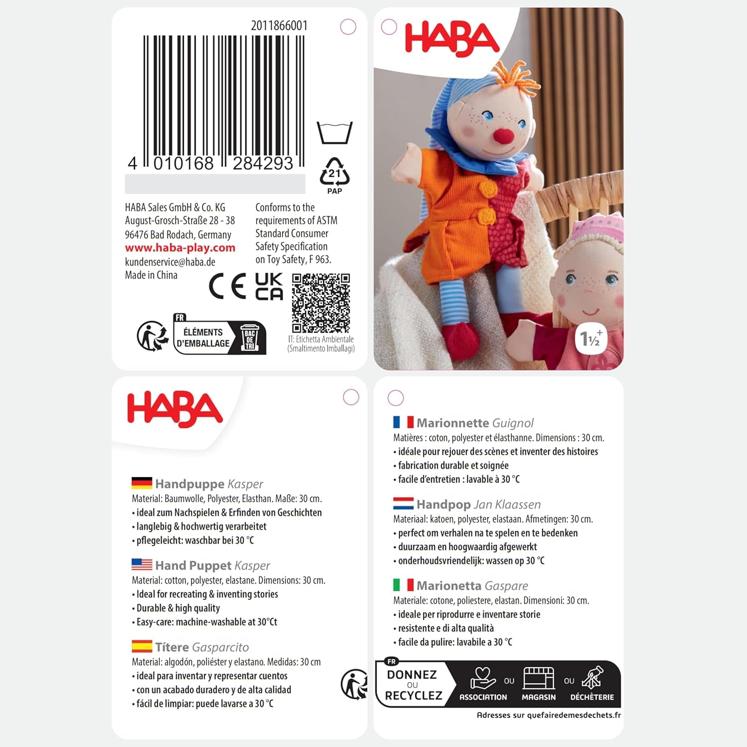 HABA Kasper handpop – Vanaf 18 maanden, Wasbaar op 30°C, Ideaal voor poppen- en rollenspel, poppentheater – 2011866001