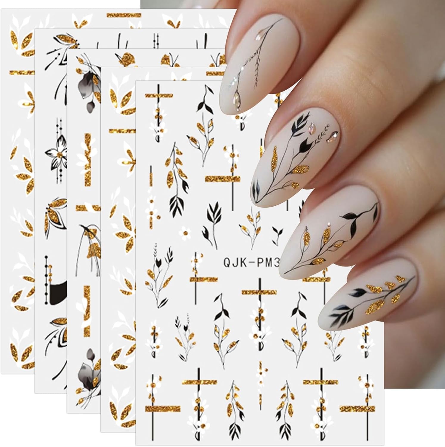 JMEOWIO Nagelsticker Blumen Glitzer 9 Blatt Nail Art Sticker Selbstklebend Nagelaufkleber Frühling Sommer Blumen Decoratie Nageldesign Zubehör