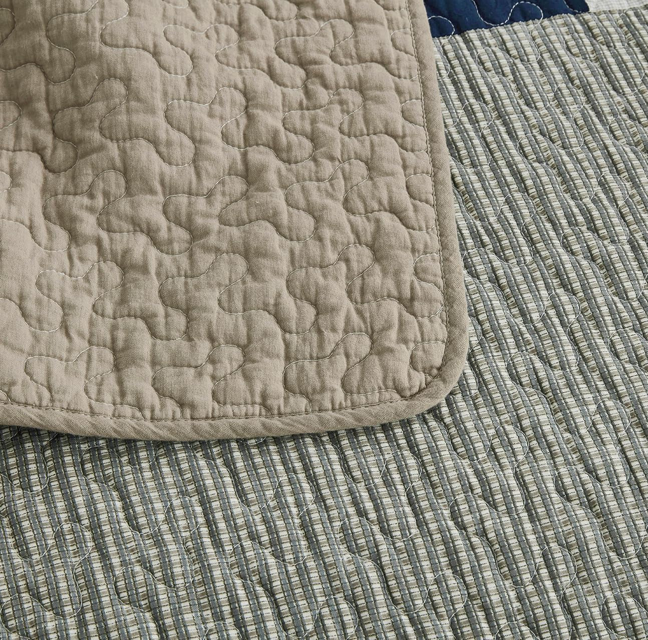 Chezmoi Collectie Addy Patchwork Quiltset Voorgewassen Katoen Lichtgewicht Omkeerbaar Alle seizoenen Oversized 3-delig Marine Wit Grijs Taupe Geruite Quilts & Quilts Naty Shop