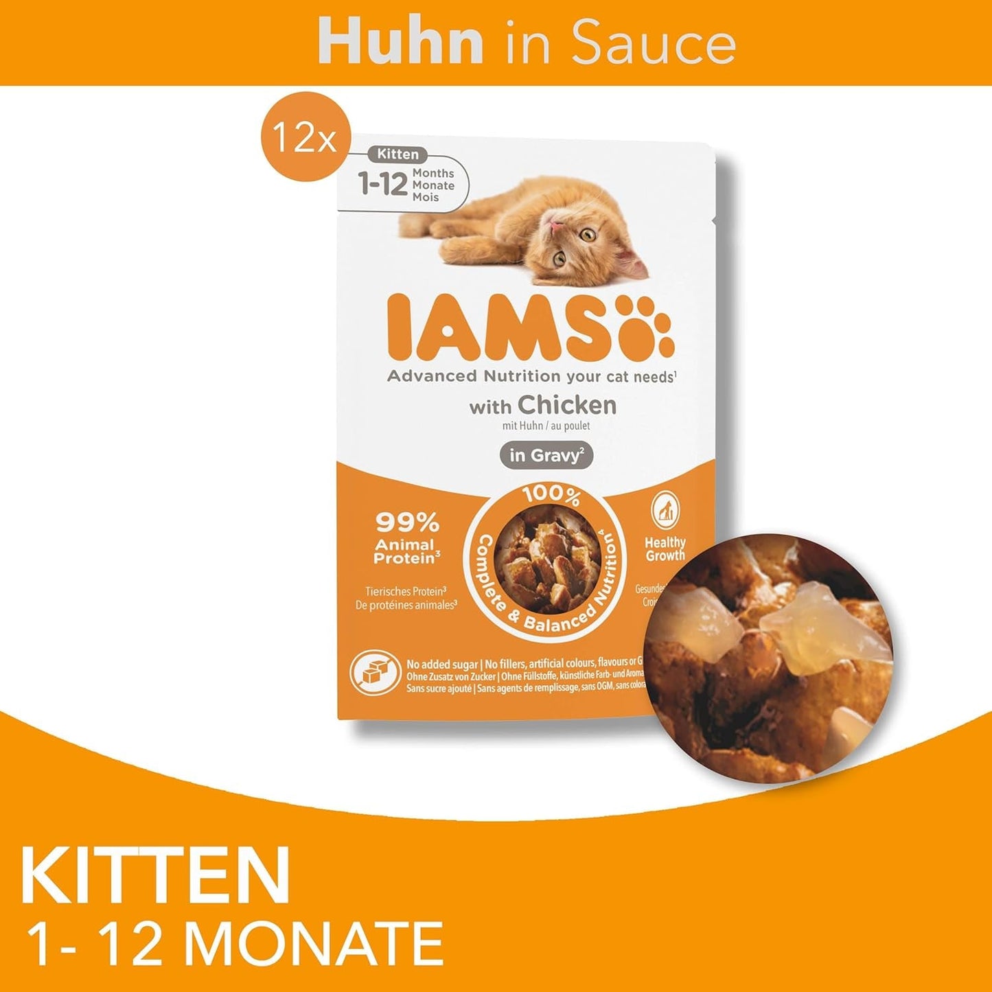 IAMS Delights Kitten Nassfutter - Multipack Katzenfutter mit Hunn in Sauce, hoogwaardige Futter für Junior Kätzchen von 1-12 Monate, 12 x 85 g
