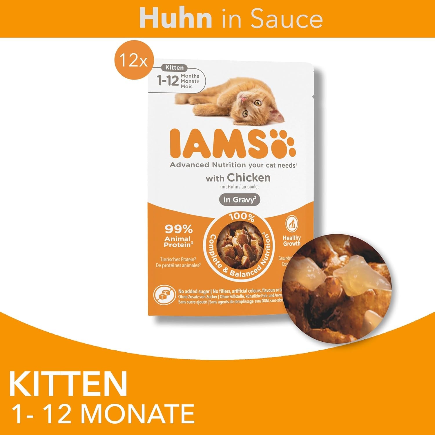 IAMS Delights Kitten Nassfutter - Multipack Katzenfutter mit Hunn in Sauce, hoogwaardige Futter für Junior Kätzchen von 1-12 Monate, 12 x 85 g