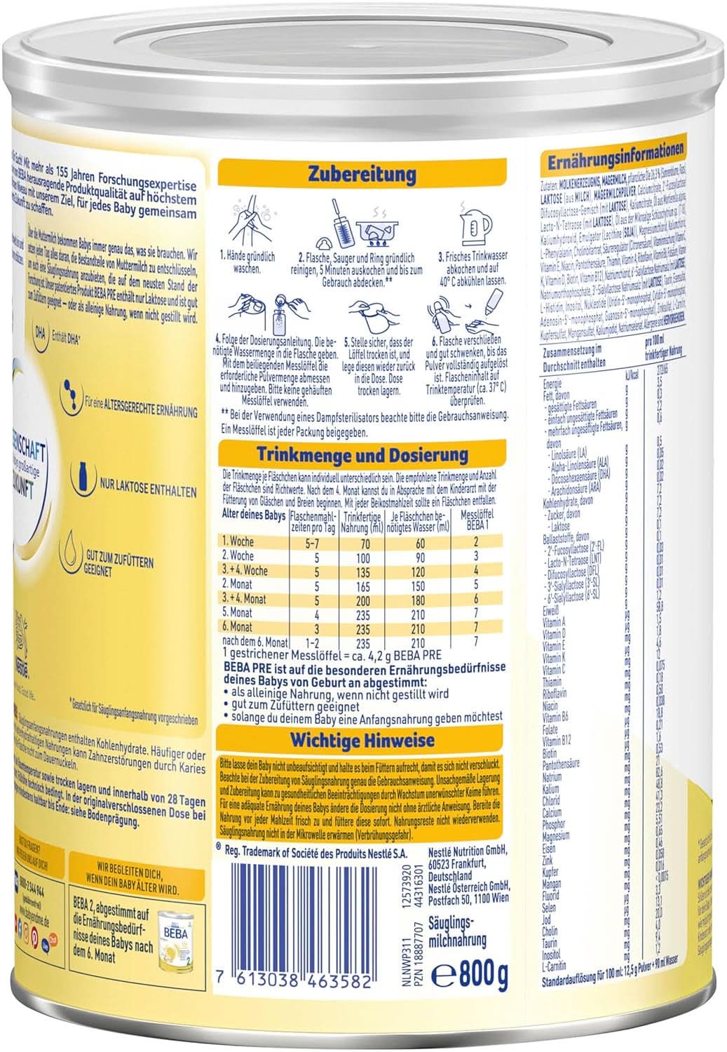 BEBA PRE Eerste melk vanaf de geboorte, babyvoeding met DHA, alleen lactose, geen palmolie, pakket 3 (3 x 800 g) Naty Shop