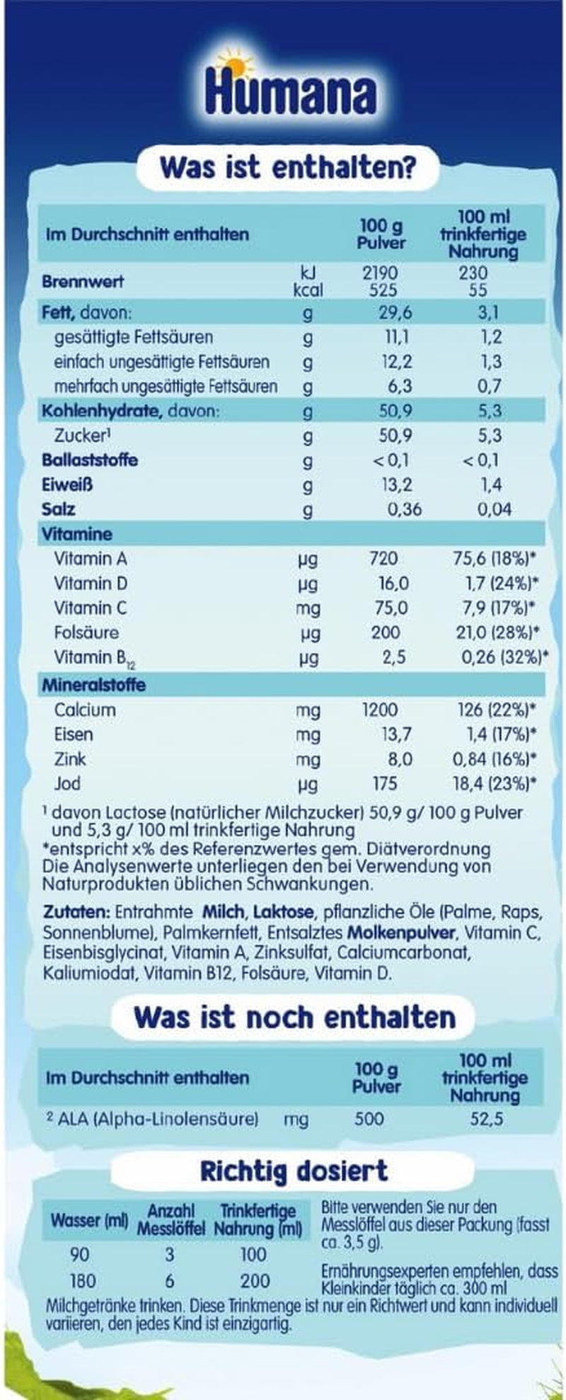 Humana Kindergetränk 1+, vanaf 1 jaar, Milchpulver für Kindermilch, nährstoffreiche Milch für Kleinkinder, als gelegentliches Milchgetränk of zur Mahlzeit, 650 g