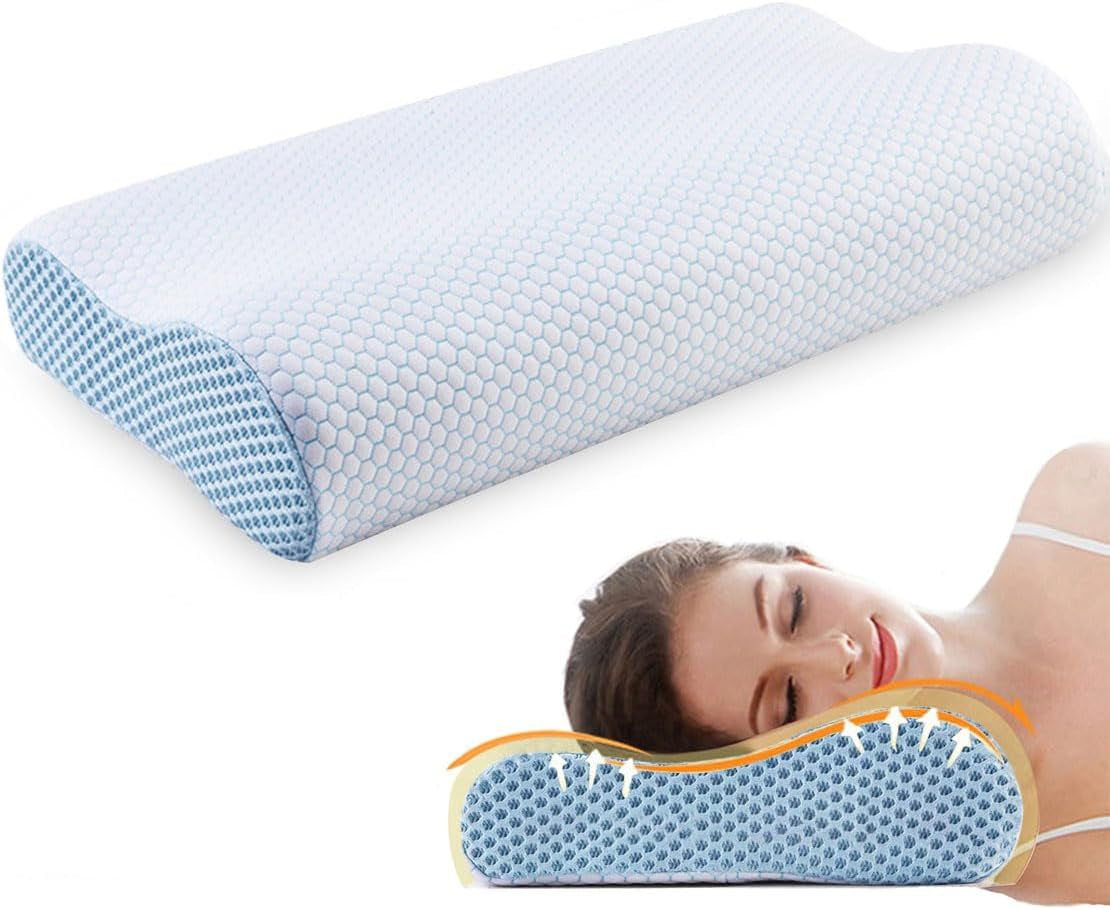 Memory Foam Kussen Kussen, Neksteunkussen, Ergonomisch nekkussen voor verschillende slaapposities met afneembare hoes Cervicale orthopedische kussens Naty Shop Blauw en Wit