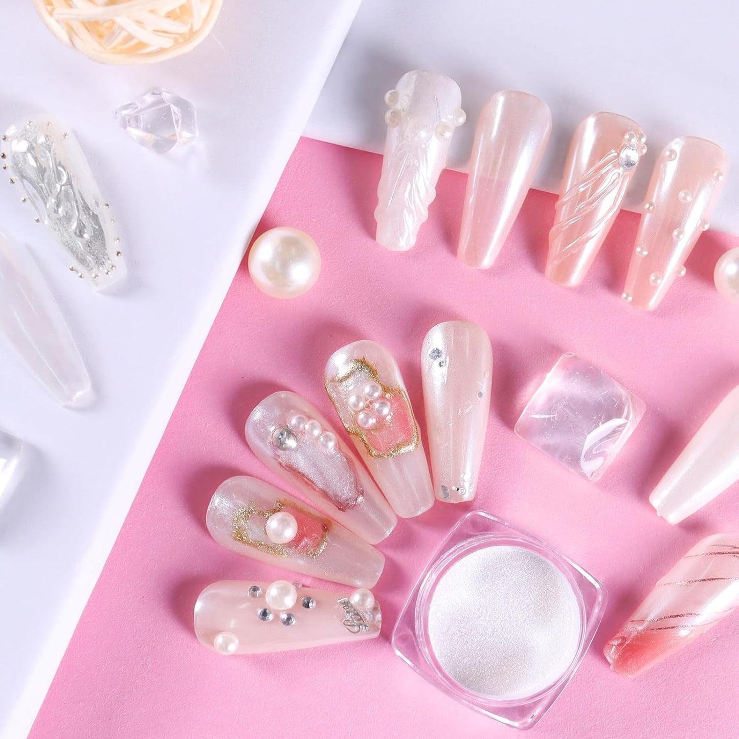 White Pearl Chrom Nagel Pulver, Iriserende Aurora Pulver Metallic Spiegel Effect Glitter Pulver Pearlescent Eis Transparant Meerjungfrau Pigment Perle Glitter Staub Für Nail Art Decoratie