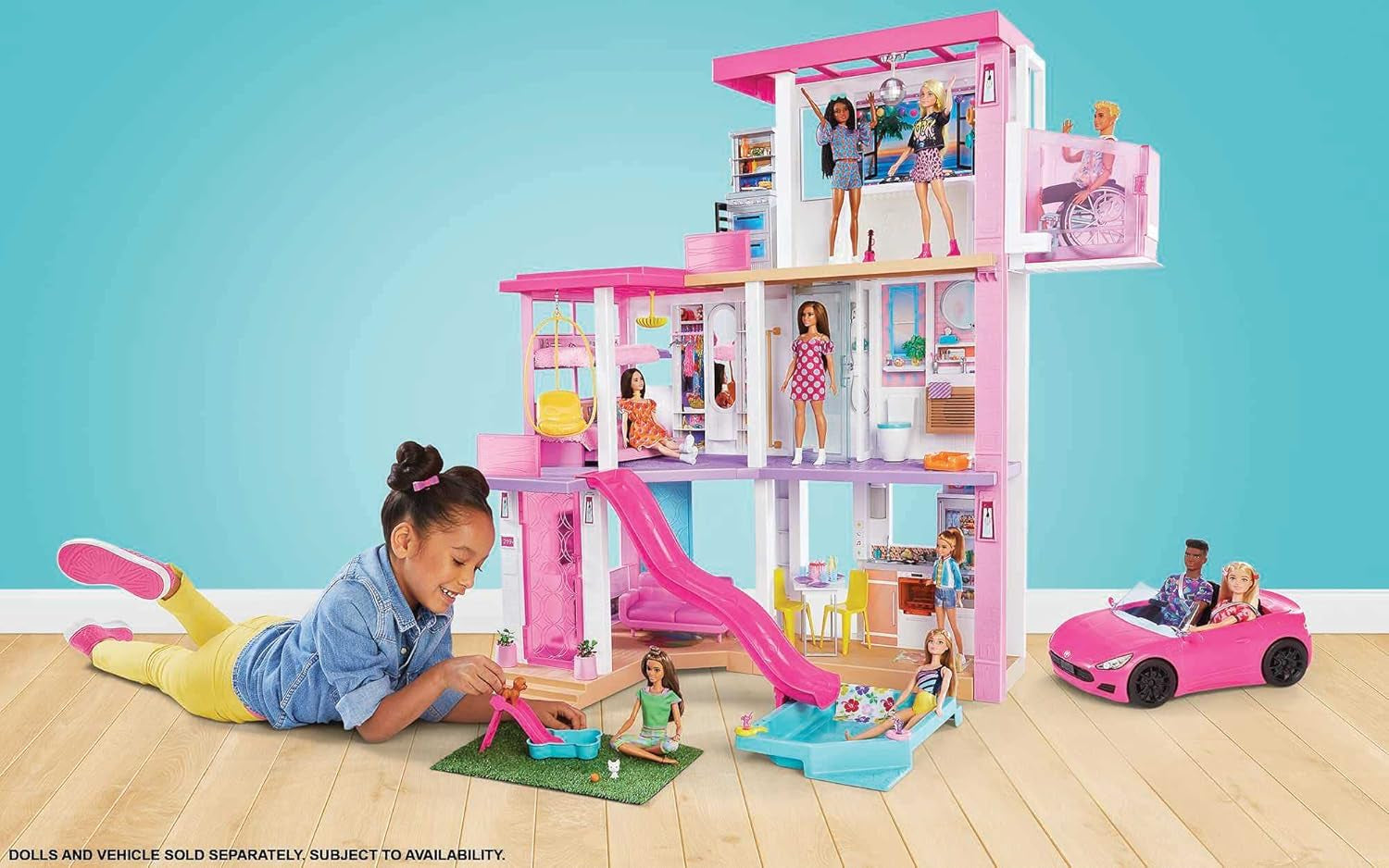 Barbie Droomhuis (114 cm), poppenhuis met 3 verdiepingen, zwembad, glijbaan, rolstoellift, 75 accessoires, poppen, geschikt als cadeau voor kinderen vanaf 3 jaar, GRG93 Naty Shop poppenhuizen