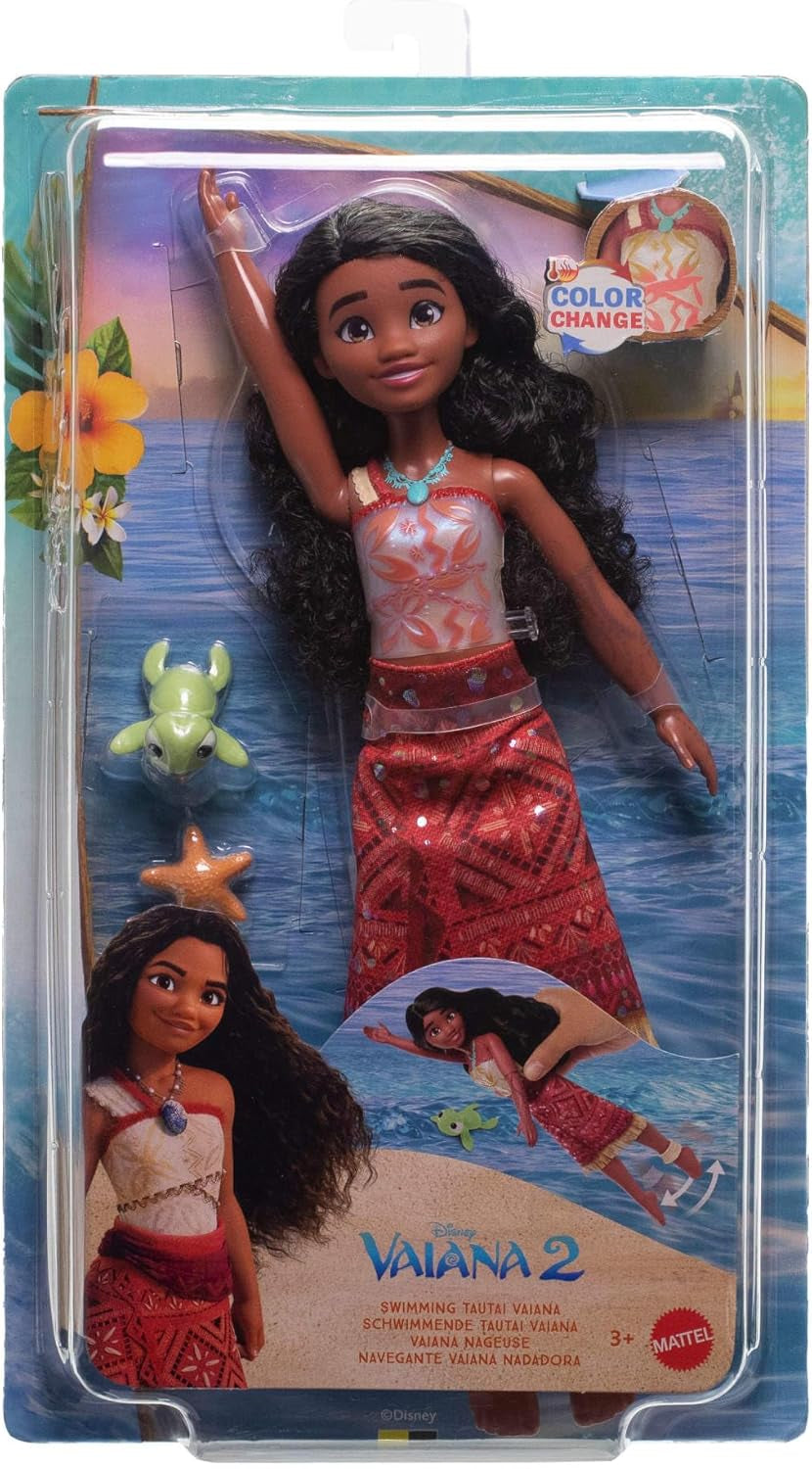 Mattel Toys Disney Moana 2 Tautai Moana zwemmodepop met 2 accessoires, van kleur veranderende bovenkant en benen voor zwembewegingen Geïnspireerd door de film JFF09