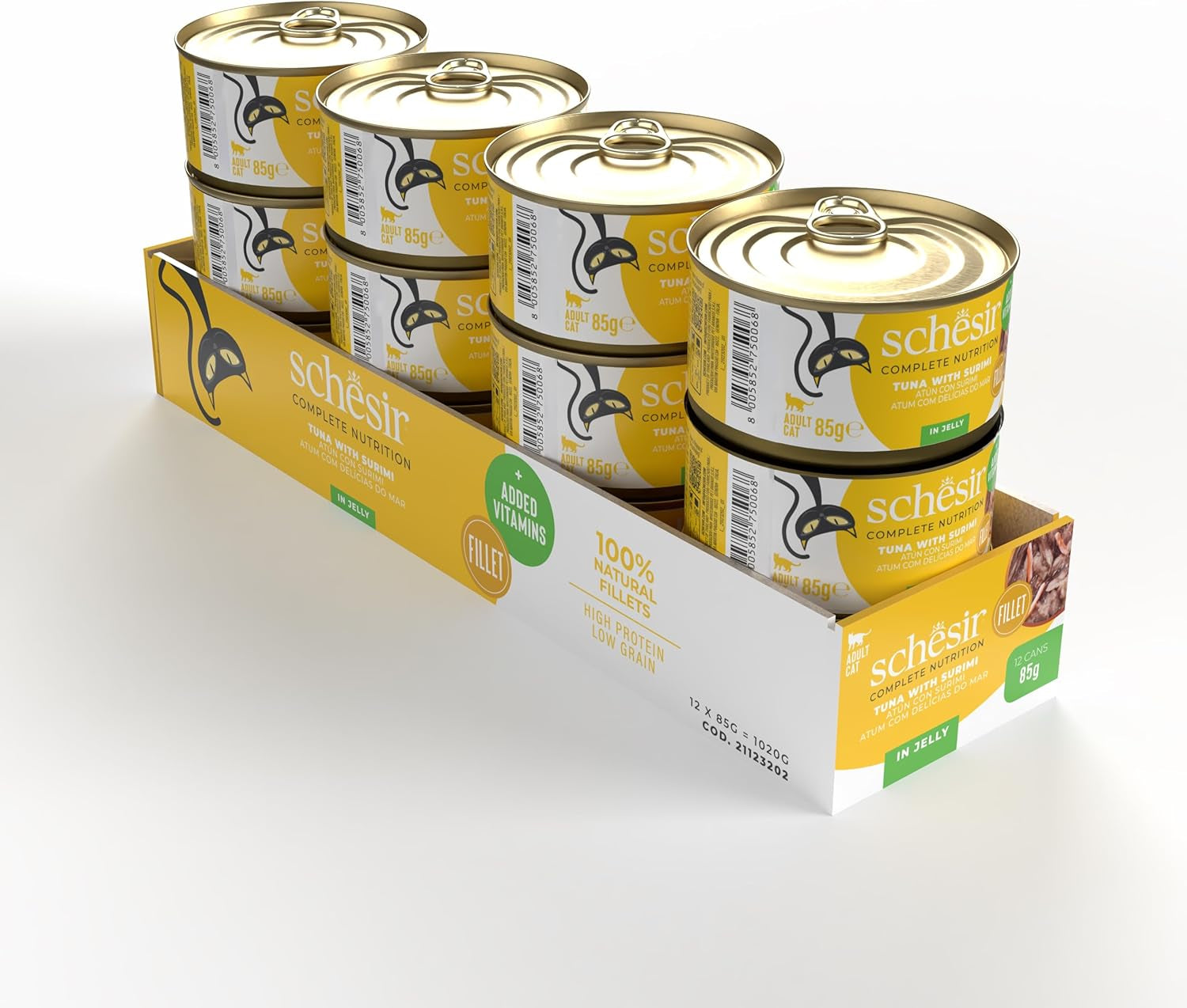 Surimi tonijn in gelei, nat kattenvoer, ingeblikt, 100% natuurlijk, met toegevoegde vitaminen, 12 x 85 g