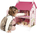 Janod - Mademoiselle houten poppenhuis, 3 verdiepingen en 11 accessoires, replica speelgoed, stimuleert de verbeelding, vanaf 3 jaar, J06581, Roze Naty Shop poppenhuizen