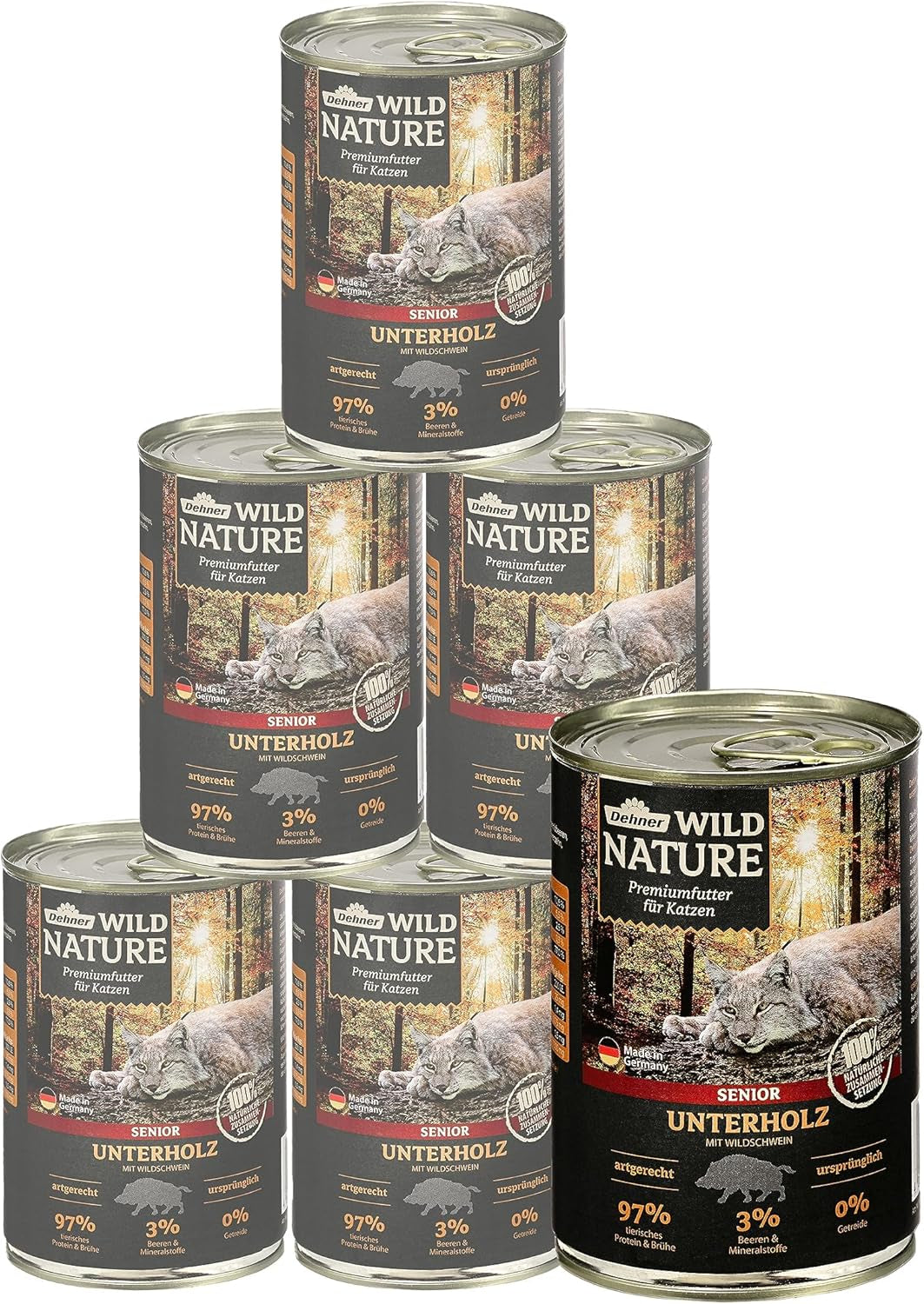 Dehner Wild Nature Katzenfutter Unterholz, Nassfutter getreidefrei / zuckerfrei, voor ältere Katzen, Wildschwein, 6 x 400 g dosis, (2,4 kg)