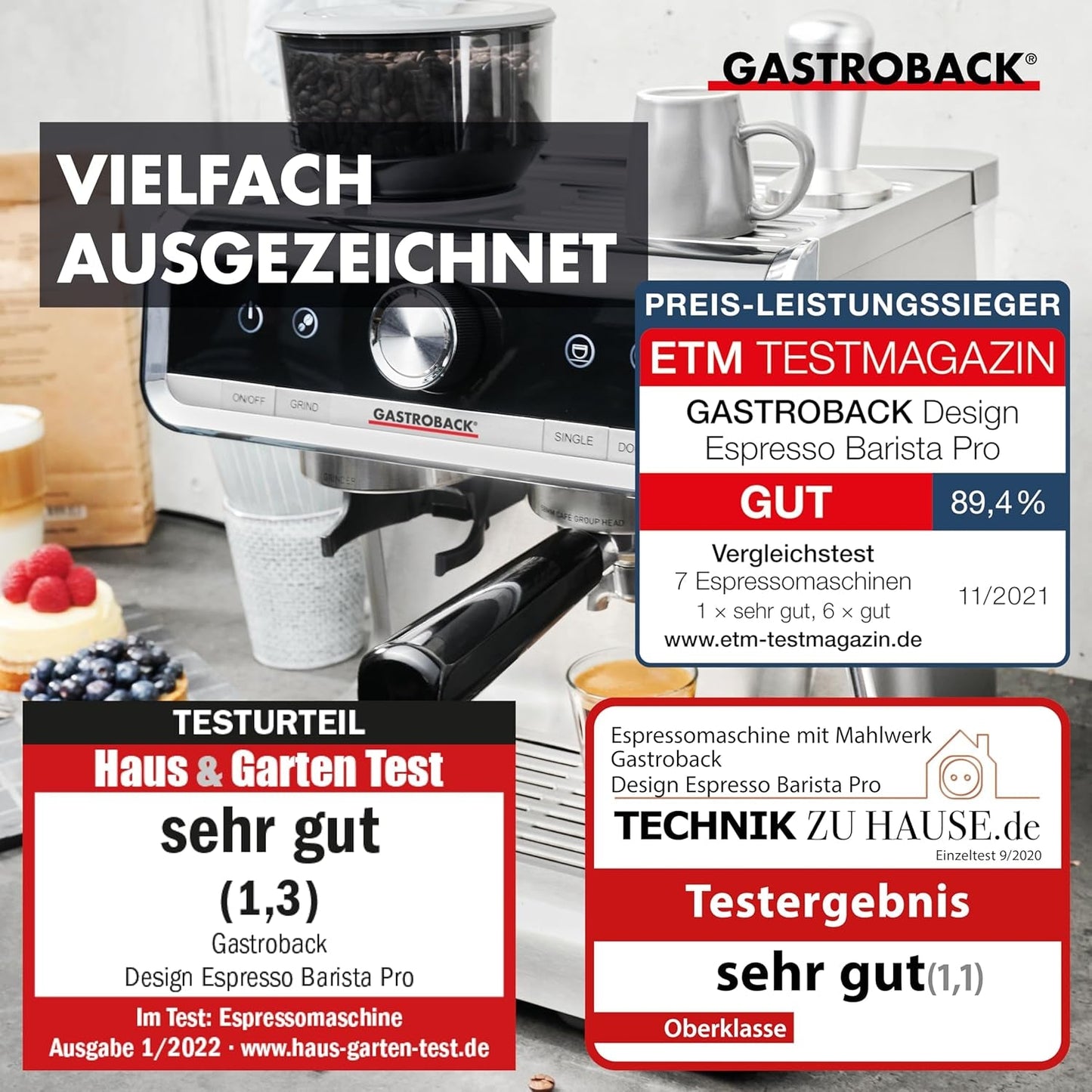 GASTROBACK espressomachine met molen inclusief melkkannetje, aandrukker en RVS portafilter - Barista espressomachine met melkopschuimer - Espressomachine met 30 maalstanden