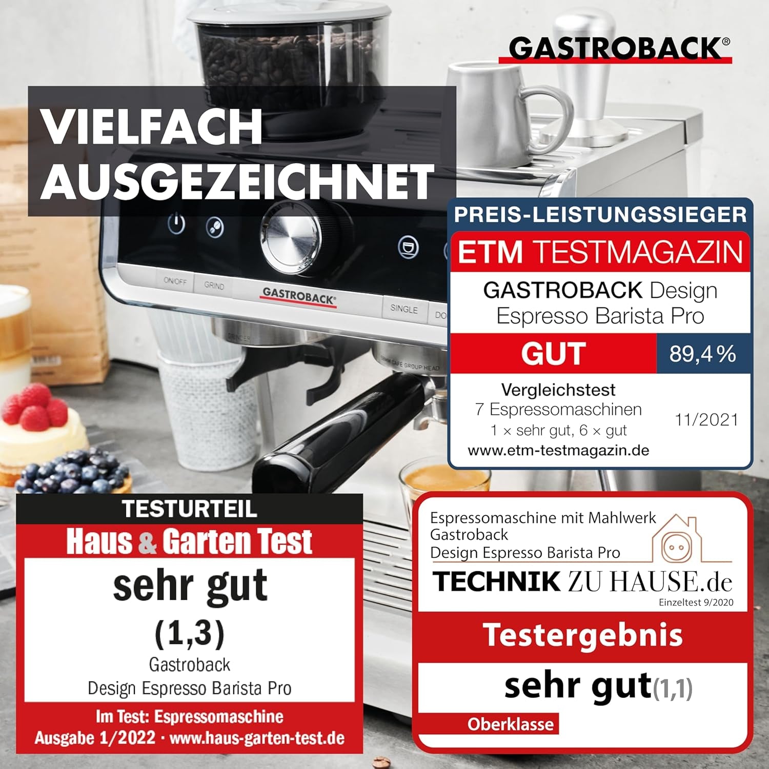 GASTROBACK espressomachine met molen inclusief melkkannetje, aandrukker en RVS portafilter - Barista espressomachine met melkopschuimer - Espressomachine met 30 maalstanden