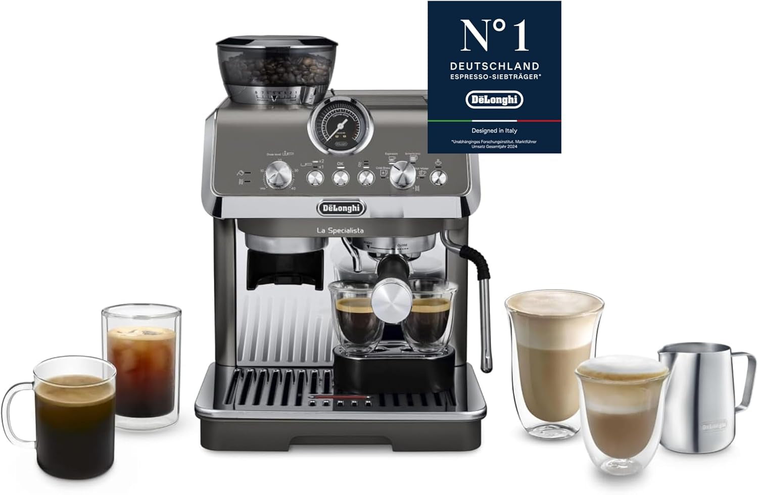 De'Longhi La Specialista Arte EC9155.MB portafilter espressomachine met molen, 8 maalstanden, 15 bar druk, 3 temperatuurstanden, melkopschuimer, 1550W, 1,7L tank, RVS/zwart, inclusief barista kit