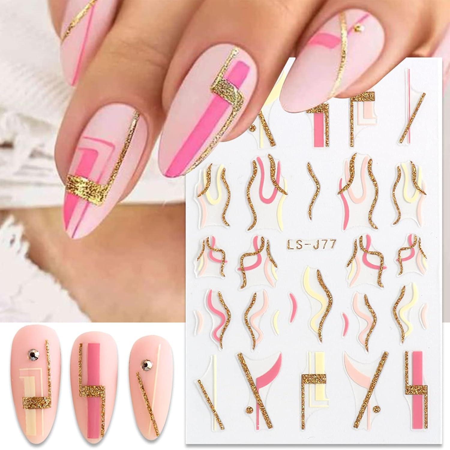 JMEOWIO Nagelsticker Französische Tipp 9 Blatt Nail Art Sticker Selbstklebend Nagelaufkleber Glitzer Wellenlinie Decoratie Nageldesign Zubehör