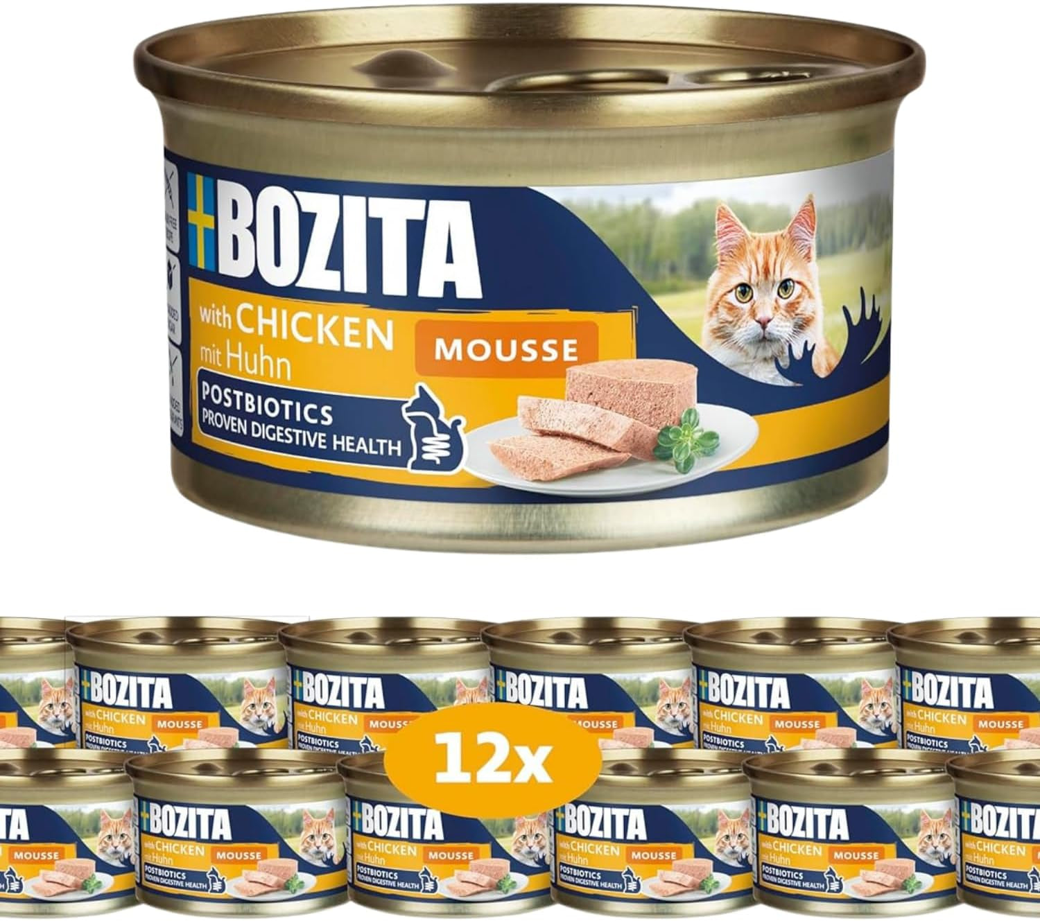 Bozita Mousse Kip - 12 x 85 g nat kattenvoer met een fijne textuur van mousse en kip - graanvrije receptuur, geen toegevoegde suikers - met postbiotica ter ondersteuning van een gezonde darmflora