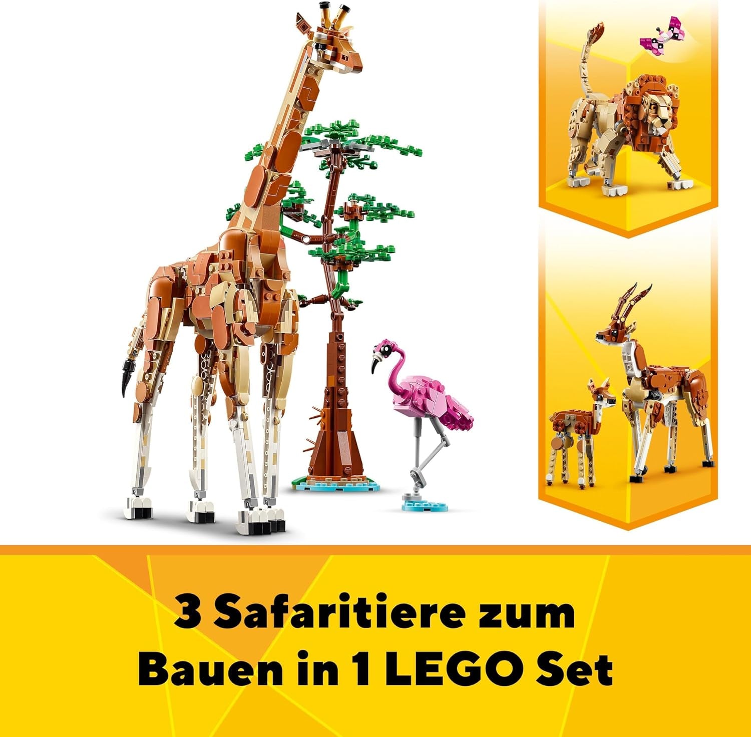 LEGO Creator 3In1 Dierensafari, creatieve set met dierenfiguren, 3 bouwopties: Speelgoedgiraffe, gazelle en leeuw, speelgoeddieren voor meisjes en jongens, natuurlijk cadeau voor kinderen vanaf 9 jaar 31150 Bouwsets Beuche den LEGO-Store