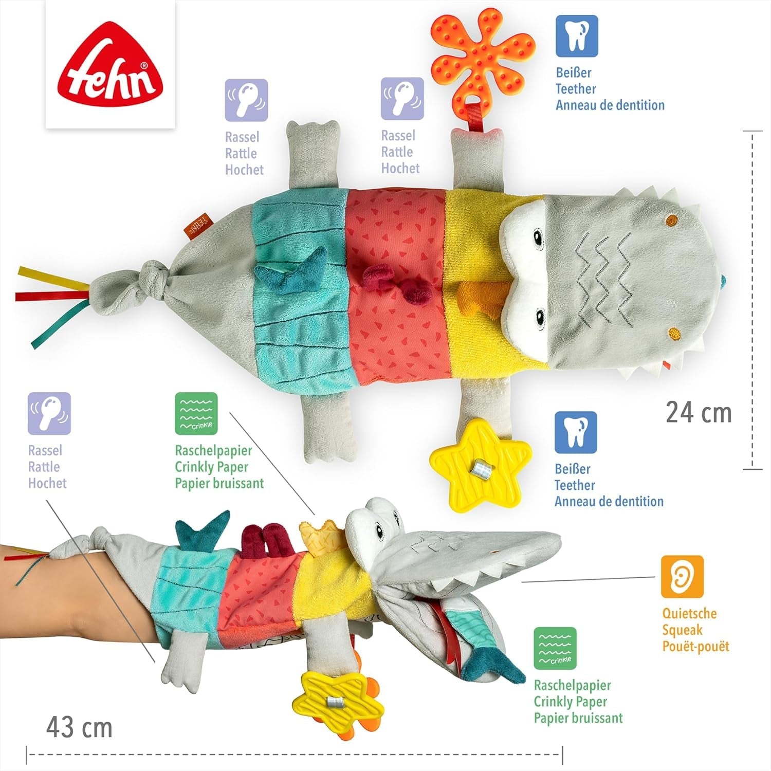 Fehn Babyhandpop Krokodil - Knuffel met rammelaar, ritselend papier, bijtring en pieper - Babyhandpop - Knalspeelgoed voor baby's en peuters vanaf 6 maanden Babyspeelgoed Naty Shop