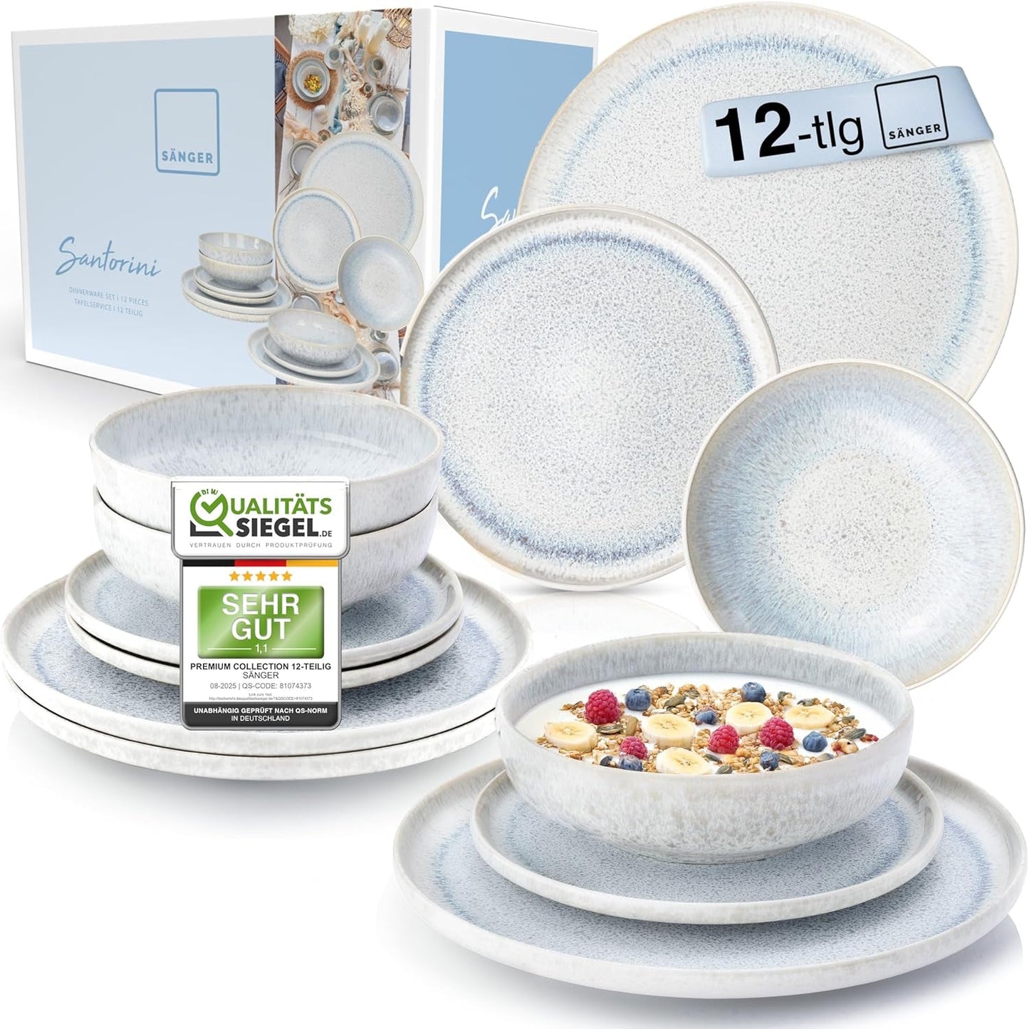 ZANGER | 12-delige Santorini Serviesset 4-persoons Bordenset ZEER GOED Beoordeeld Steengoed Serviesset Inclusief Dinerborden, Dessertborden en Suma Borden Crème Lila Blauw Gradiënt | DE PREMIUM COLLECTIE