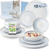 ZANGER | 12-delige Santorini Serviesset 4-persoons Bordenset ZEER GOED Beoordeeld Steengoed Serviesset Inclusief Dinerborden, Dessertborden en Suma Borden Crème Lila Blauw Gradiënt | DE PREMIUM COLLECTIE
