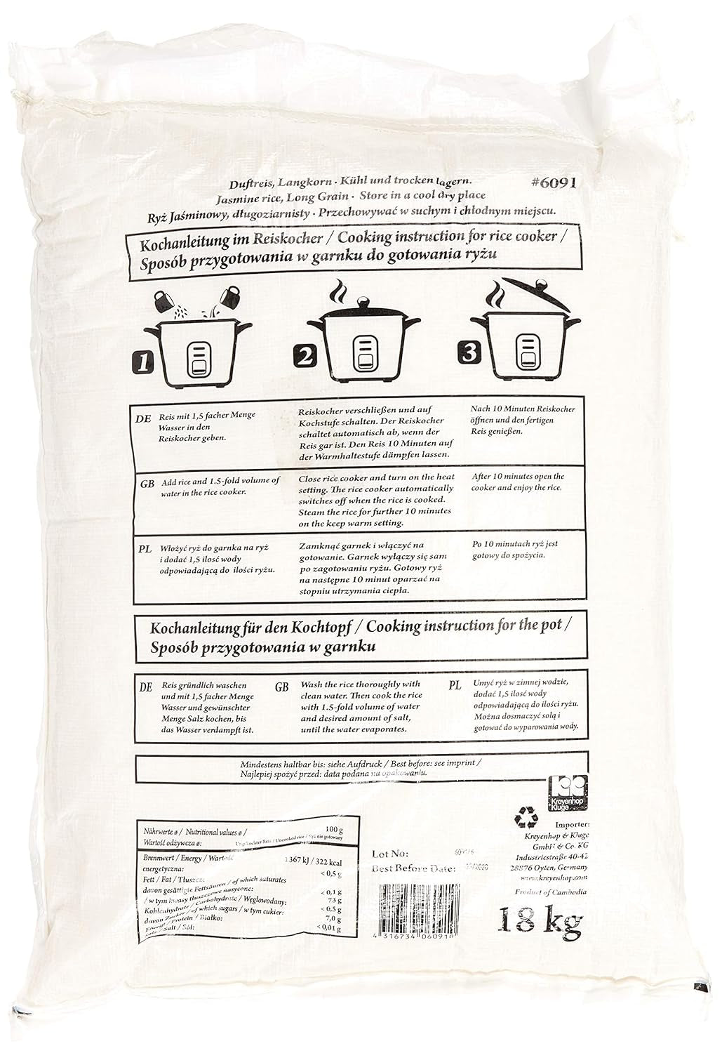 Geurrijst/jasmijnrijst, langkorrelig, AAA-kwaliteit, 1 verpakking (1 x 18 kg)