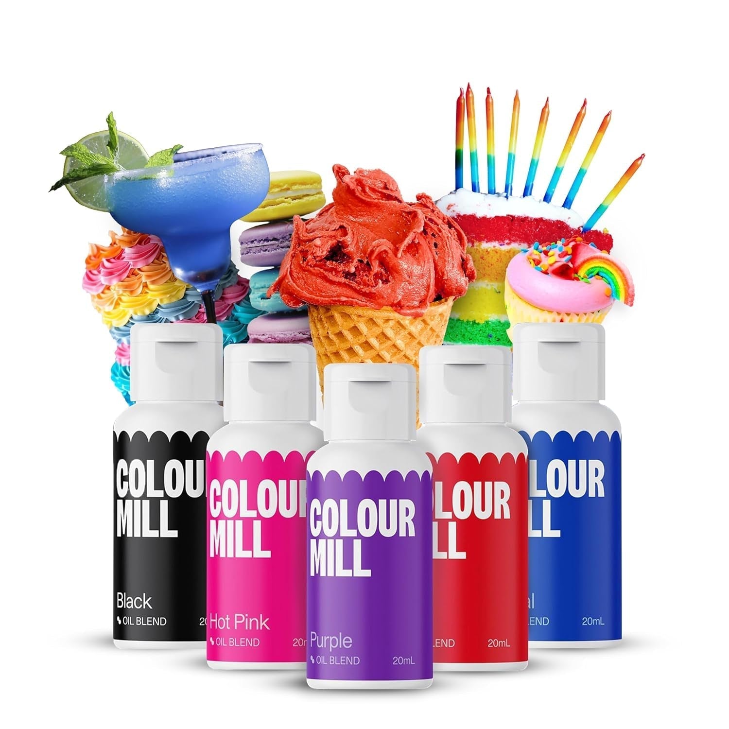 Color Mill vloeibare kleurstofset - 5 x 20 ml op oliebasis (zwart, felroze, paars, rood en blauw) - UV-bestendig - perfect voor bakken en als topping voor taarten, muffins en taartdecoraties